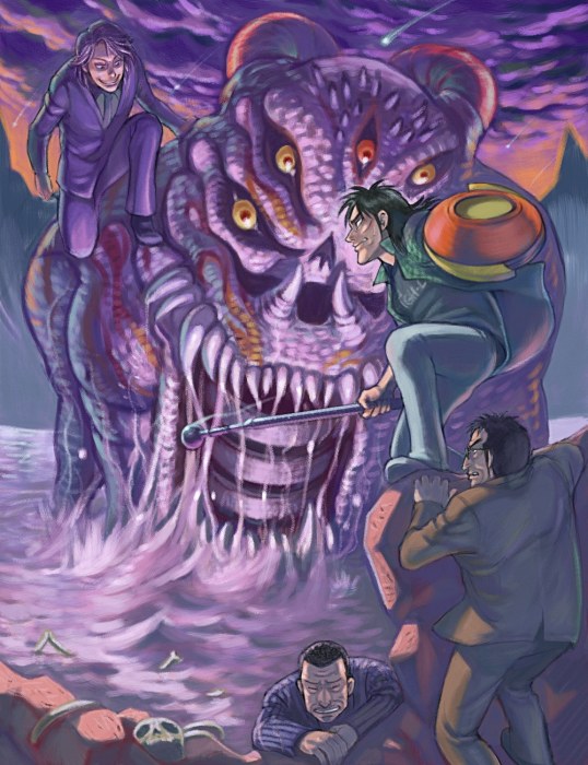 kitano (no name), endou yuuji, ichijou (kaiji), itou kaiji, sakazaki koutarou, kaiji, commentary request, 4boys, black hair, bone, formal clothes, grin, male focus, monster, multiple boys, outdoors, pointy nose, scar, scar on face, shield, sky, smile, staff, suit, water