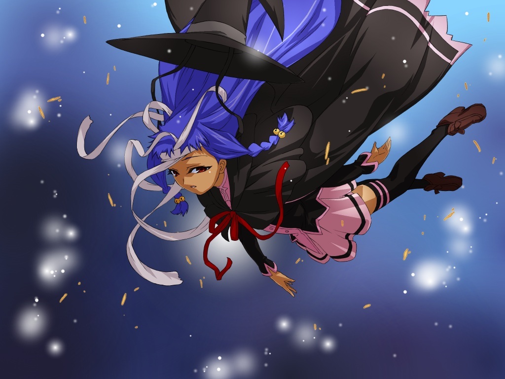 haruka shiya, ayase yue, mahou sensei negima!, light, headwear request, 00s, 1girl, bandaged head, bandages, bell, blue hair, braid, brown eyes, cloak, dark background, expressionless, falling, female focus, hair ornament, hat, long hair, looking at viewer, parted lips, pink skirt, red eyes, ribbon, sad, school uniform, shoes, skirt, solo, thighhighs, unworn hat, unworn headwear, very long hair, witch hat