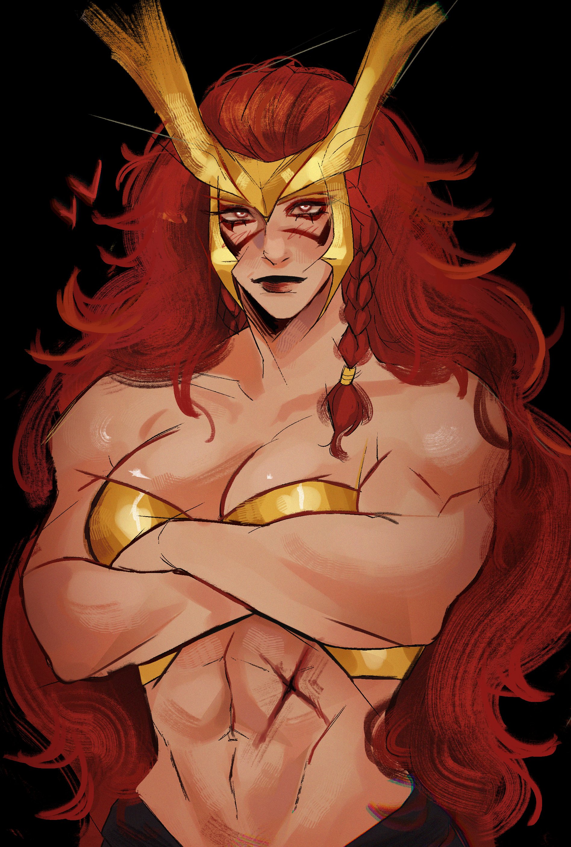 marvel, marvel rivals, absurdres, highres, 1girl, angela (marvel), black background, breasts, crossed legs, knightaout, large breasts, long hair, looking at viewer, metal bra, muscular, muscular female, red hair, scar, scar on stomach, simple background, solo, upper body