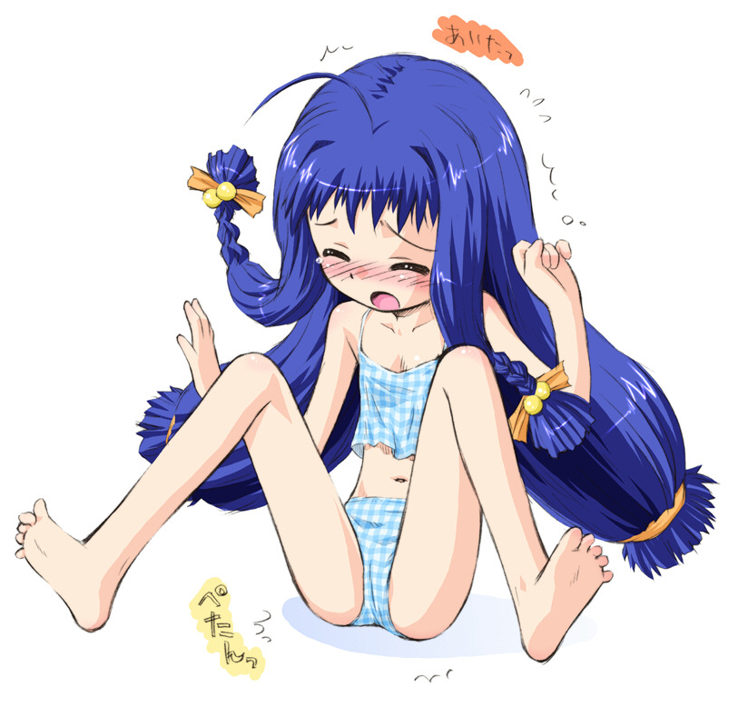 kokekokko coma, ayase yue, mahou sensei negima!, 00s, 1girl, ahoge, blush, braid, closed eyes, female focus, loli, long hair, open mouth, purple hair, solo, spread legs, tears, twin braids