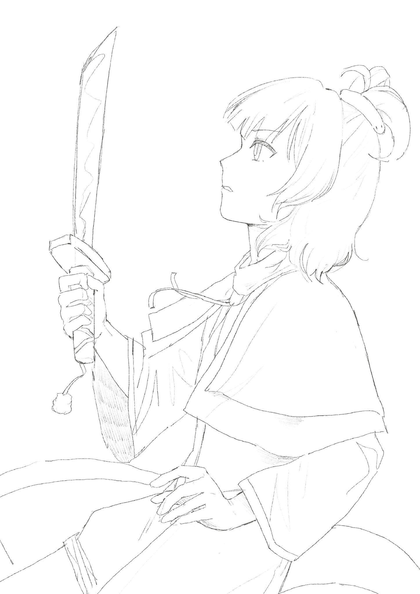 kanghan kang yanjian, adagumo no saragimaru, len'en, highres, 1other, capelet, cowboy shot, expressionless, from side, hair ornament, high ponytail, holding, holding sword, holding weapon, japanese clothes, lineart, long sleeves, looking ahead, neck ribbon, parted lips, pom pom (clothes), ponytail, puffy shorts, ribbon, scarf, shirt, short hair, short ponytail, shorts, simple background, snake hair ornament, snake tail, solo, split ponytail, standing, sword, tail, vest, weapon, white background, wide sleeves