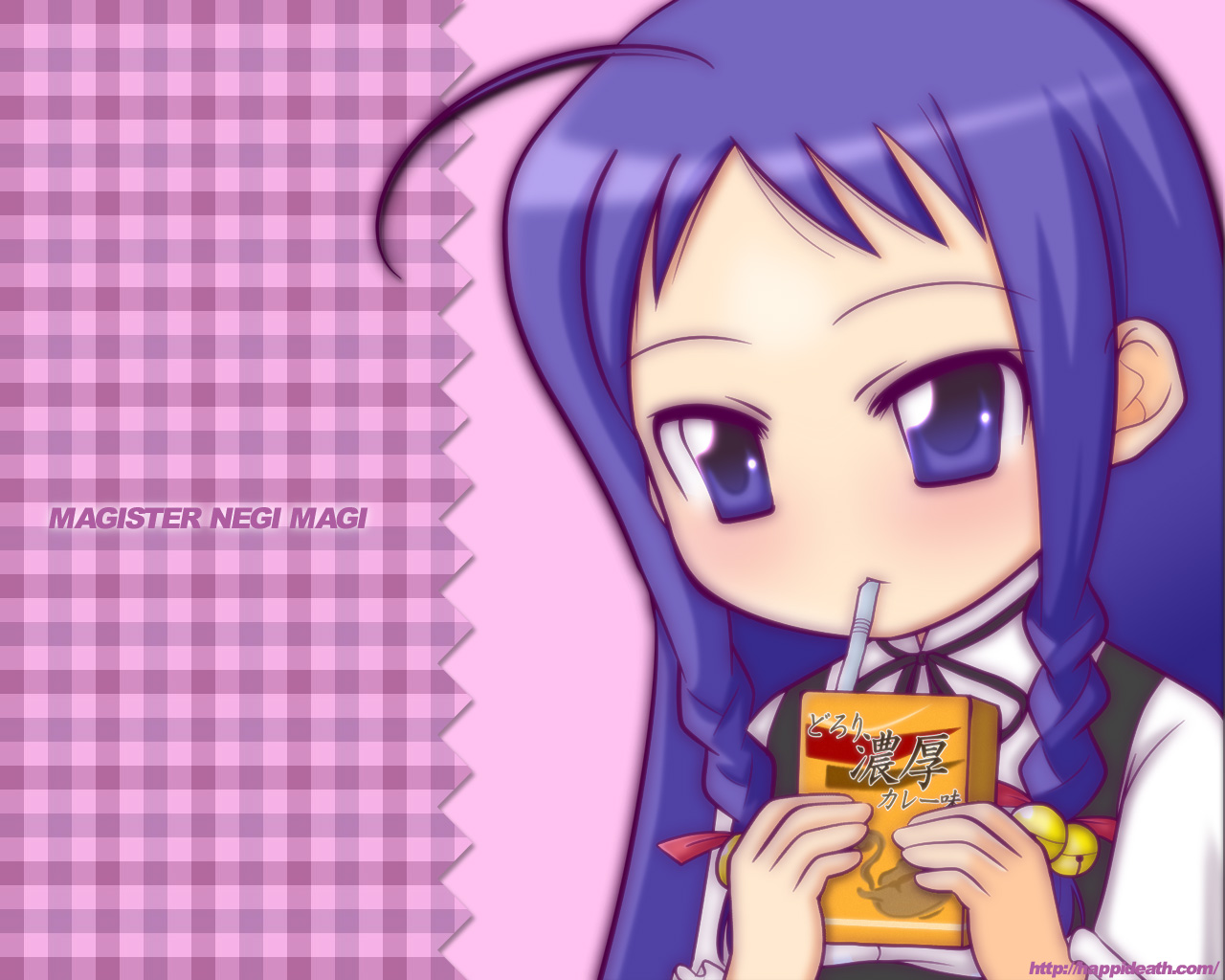 ayase yue, mahou sensei negima!, 00s, 1girl, ahoge, braid, drinking, drinking straw, female focus, juice box, long hair, purple eyes, purple hair, solo, twin braids