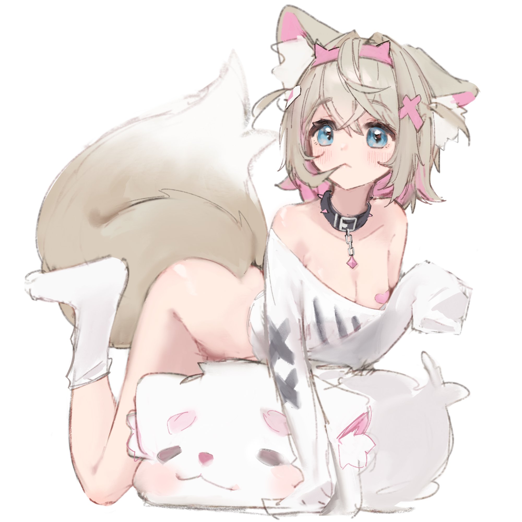 antay6oo9, mococo abyssgard, hololive, hololive english, commentary, highres, 1girl, :<, all fours, animal ear fluff, animal ears, bandaid, bandaids on nipples, bare shoulders, black collar, blonde hair, blue eyes, blush, bottomless, breasts, collar, collarbone, dog ears, dog girl, dog tail, full body, hair in own mouth, hair ornament, hairband, horn hairband, long sleeves, looking at viewer, multicolored hair, off shoulder, pasties, pink hair, pink hairband, shirt, short hair, simple background, sleeves past fingers, sleeves past wrists, small breasts, socks, solo, spiked collar, spikes, tail, two-tone hair, two side up, very long sleeves, virtual youtuber, white background, white shirt, white socks, x hair ornament