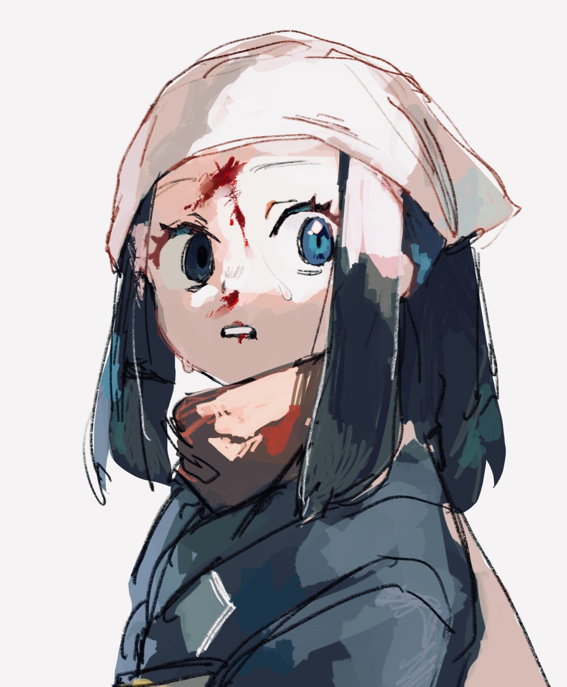 2enn3n, akari (pokemon), nintendo, pokemon, pokemon legends: arceus, commentary request, highres, 1girl, black hair, blood, blood on face, blue eyes, eyelashes, headscarf, jacket, long hair, looking to the side, red scarf, scarf, sidelocks, simple background, solo, teeth, upper body, white background