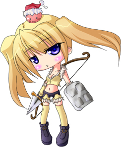 poring, sniper (ragnarok online), ragnarok online, commentary request, lowres, 1girl, 2000s (style), :3, black boots, blonde hair, blue eyes, blush, boots, bow (weapon), chibi, chibi only, closed mouth, crop top, full body, fur-trimmed shirt, fur trim, hat, holding, holding bow (weapon), holding shield, holding weapon, ikazuchi kitsune, long hair, looking at viewer, midriff, navel, purple eyes, santa hat, shield, shirt, shorts, simple background, sleeveless, sleeveless shirt, slime (creature), solo, standing, twintails, weapon, white background, yellow shirt, yellow shorts