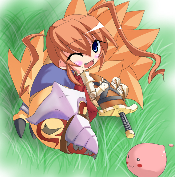 lord knight (ragnarok online), peco peco, poring, ragnarok online, commentary, 1girl, 2000s (style), :3, armor, bird, blue eyes, blush, brown hair, cape, fang, full body, ikazuchi kitsune, long hair, looking at viewer, looking to the side, one eye closed, open mouth, pauldrons, red cape, scabbard, sheath, sheathed, shoulder armor, sitting, slime (creature), smile, solo, sword, weapon