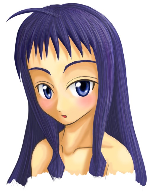 ayase yue, mahou sensei negima!, artist request, 00s, 1girl, ahoge, bare shoulders, blue eyes, blue hair, blush, expressionless, female focus, long hair, looking at viewer, open mouth, purple hair, solo, very long hair, white background