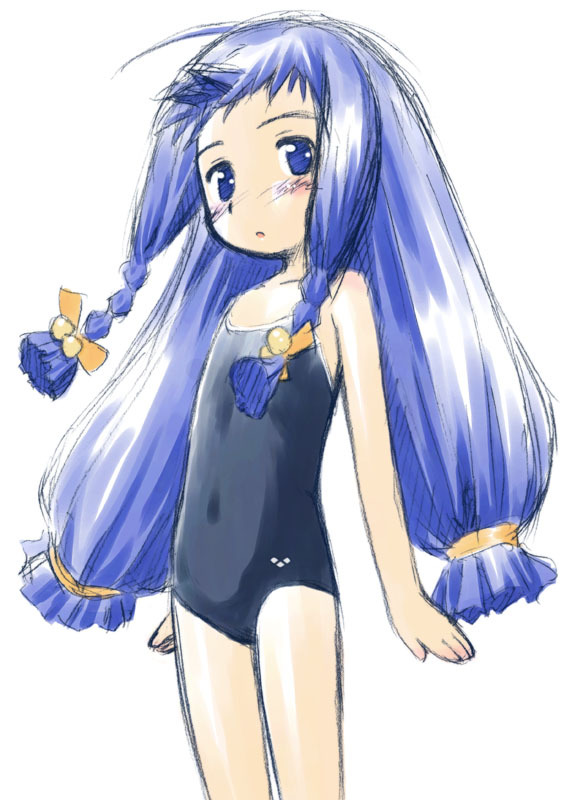 ayase yue, mahou sensei negima!, artist request, 00s, 1girl, ahoge, bare arms, bare legs, bare shoulders, blue eyes, blue hair, blush, braid, female focus, hair tie, long hair, looking at viewer, low-tied long hair, matching hair/eyes, one-piece swimsuit, open mouth, ribbon, solo, standing, swimsuit, twintails, very long hair, white background