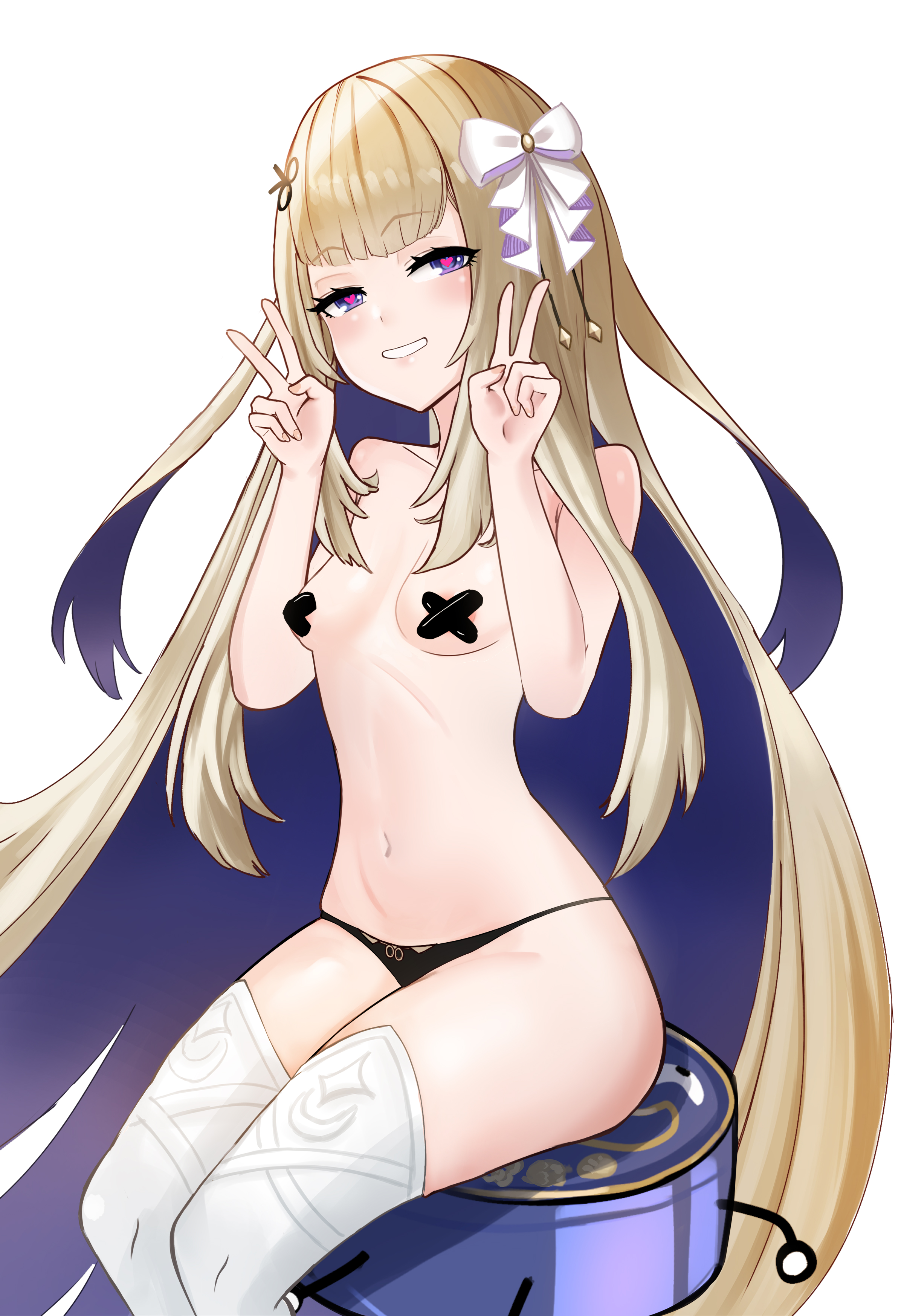 heiz illust, amanogawa shiina, phase connect, bare shoulders, blonde hair, breasts, navel, panties, pasties, purple eyes, purple hair, sitting, sitting on face, sitting on person, small breasts, stomach, thighhighs, underwear