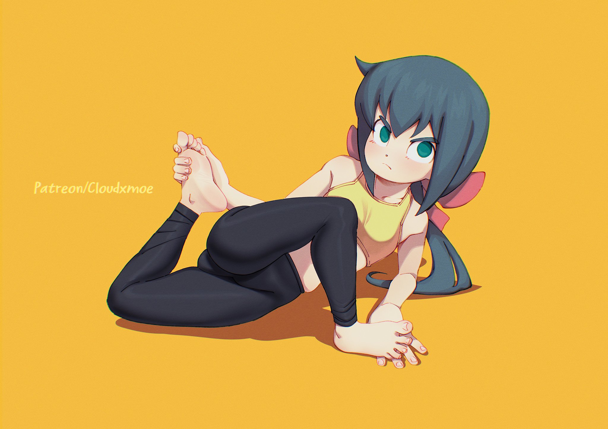 cloudxmoe, constanze amalie von braunschbank-albrechtsberger, little witch academia, highres, 1girl, angry, artist name, black leggings, blue hair, bow, bra, breasts, feet, flexible, frown, grabbing own foot, green eyes, hair bow, leggings, looking at viewer, lying, no pupils, on side, patreon username, petite, simple background, small breasts, sports bra, stretching, underwear, yellow background, yellow bra