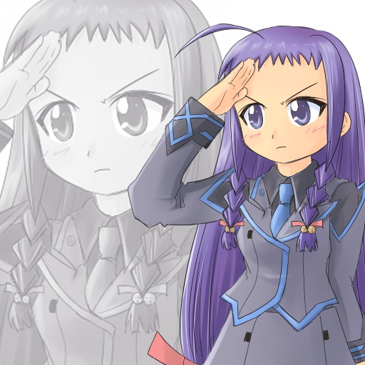 ayase yue, mahou sensei negima!, artist request, 00s, 1girl, ahoge, braid, female focus, formal clothes, long hair, necktie, purple eyes, purple hair, salute, solo, suit, twin braids