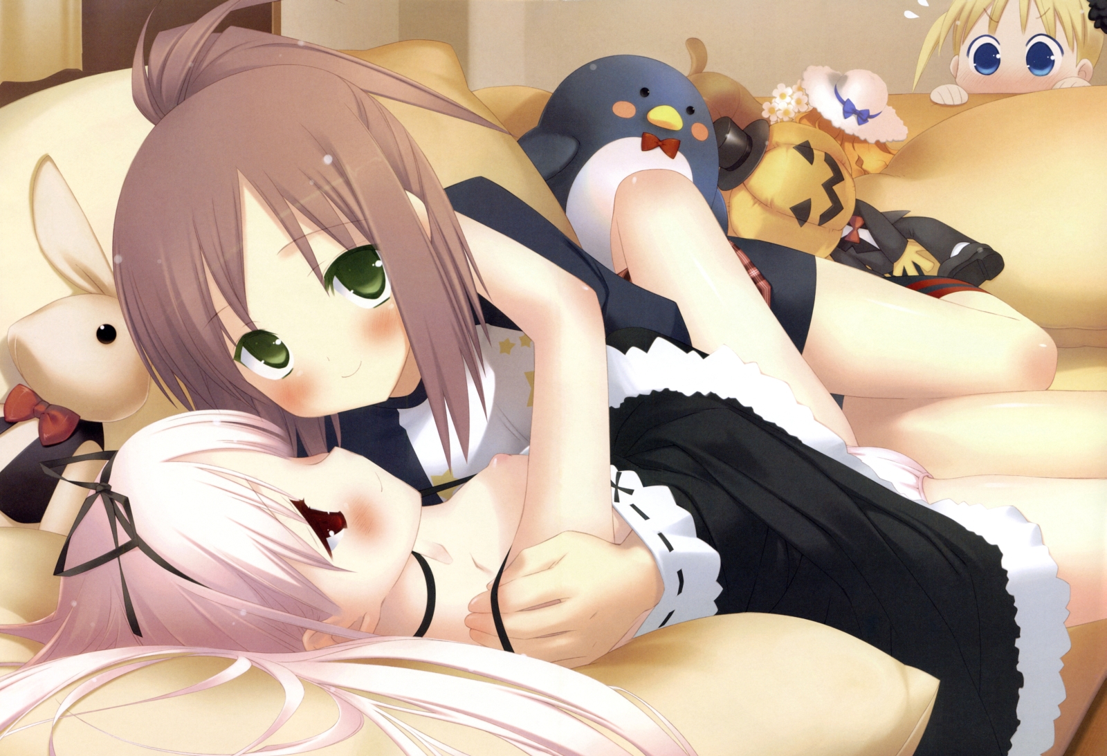 gayarou, himemiya ruri, hoshino erika, suzumura azami, garden (game), highres, 3girls, bed, blush, breasts, brown hair, doll, green eyes, hair ribbon, hug, kodomo doushi, loli, multiple girls, nipples, panties, peeking, pink hair, raglan sleeves, red eyes, ribbon, small breasts, smile, spread legs, underwear, voyeurism, yuri