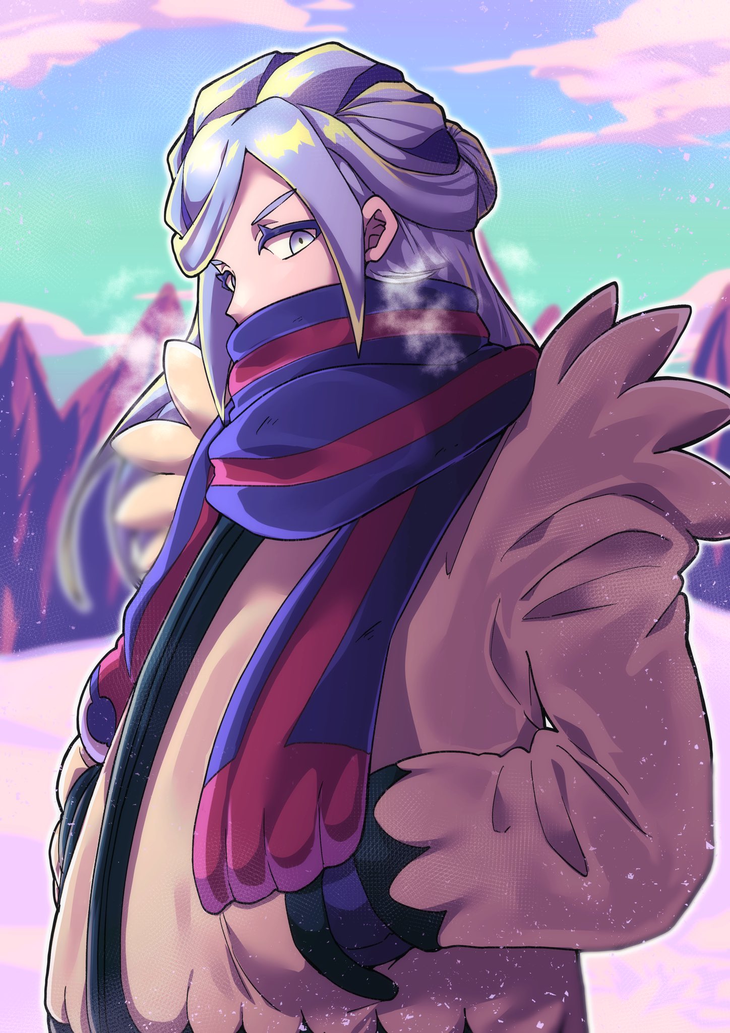 otyumamii, grusha (pokemon), nintendo, pokemon, pokemon sv, commentary request, highres, 1boy, androgynous, blue eyes, blue scarf, blue sky, blurry, breath, cloud, coat, cold, colored eyelashes, covering own mouth, depth of field, half updo, hands in pockets, long hair, looking down, looking to the side, male focus, mountain, red scarf, scarf, sky, snow, solo, striped clothes, striped scarf, upper body, yellow coat