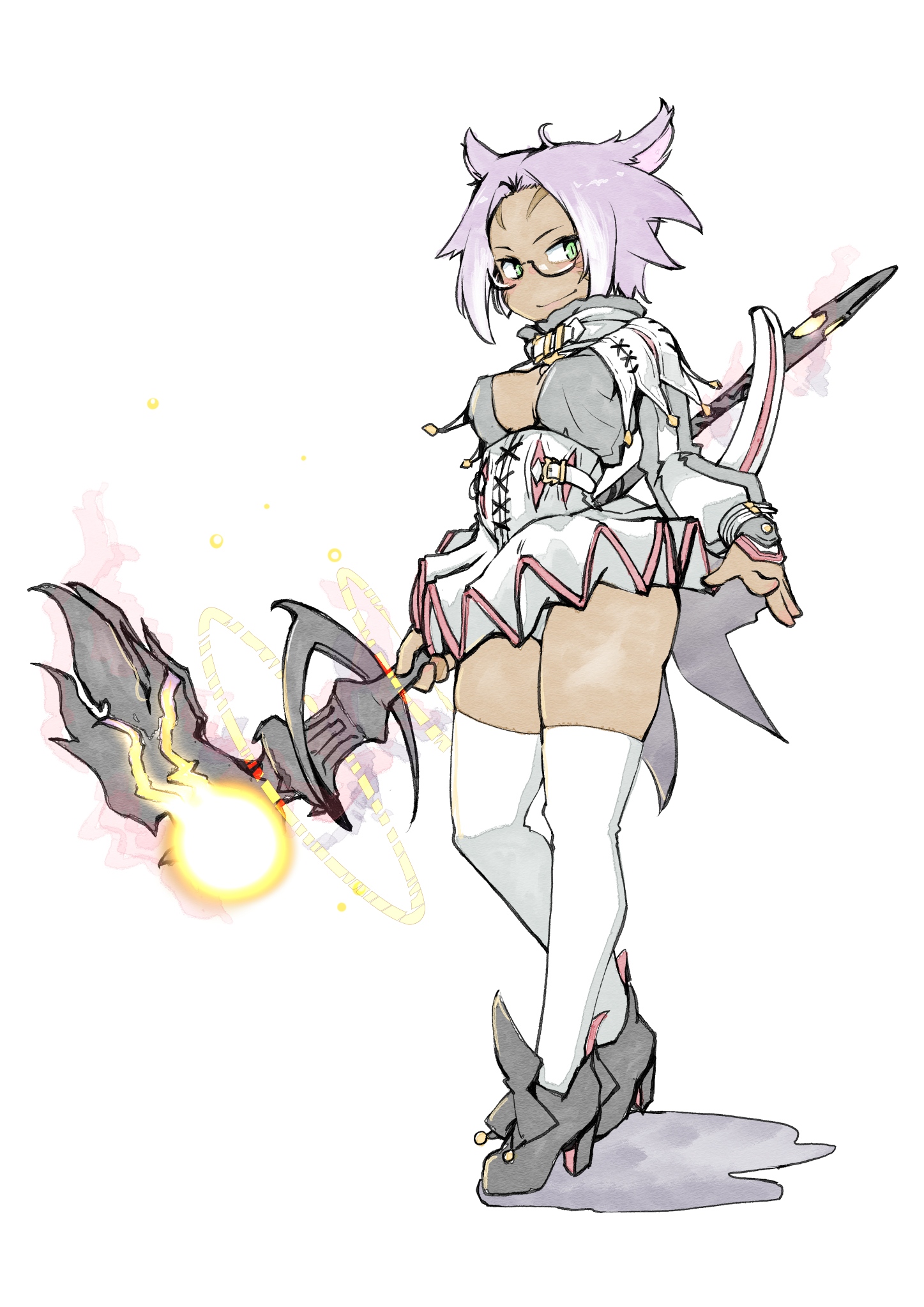 banubeefriends, warrior of light (ff14), final fantasy, final fantasy xiv, highres, 1girl, ahoge, animal ears, belt, belt buckle, belt collar, black shoes, blush, bow, breasts, buckle, cat ears, cat tail, cleavage, cleavage cutout, clothing cutout, collar, corset, curtained hair, dark-skinned female, dark skin, facial mark, footwear bow, full body, glowing, glowing weapon, green eyes, high heels, holding, holding staff, holding weapon, long sleeves, looking at viewer, mage staff, magic, medium breasts, miqo'te, multicolored hair, panties, puffy long sleeves, puffy sleeves, purple hair, red trim, semi-rimless eyewear, shadow, shoes, short hair, simple background, skirt, slit pupils, smile, solo, staff, standing, streaked hair, tail, thighhighs, thighs, tutu, underwear, watercolor effect, weapon, whisker markings, white background, white corset, white panties, white skirt, white streaks, white thighhighs