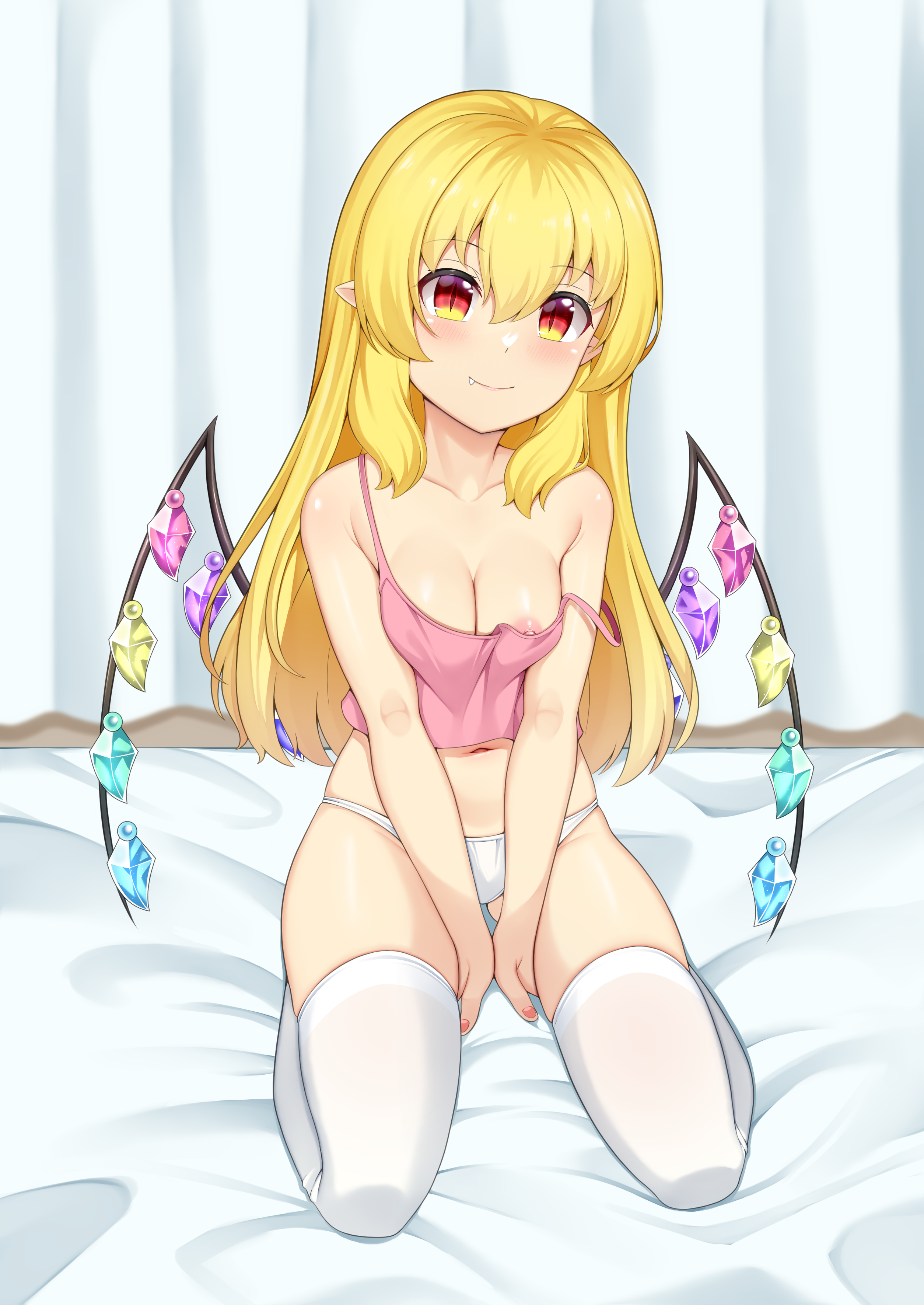 akasaka sato, flandre scarlet, touhou, absurdres, commentary request, highres, 1girl, blonde hair, blurry, blurry background, blush, breasts, breasts squeezed together, camisole, collarbone, crystal wings, curtains, fang, gluteal fold, kneeling, lips, long hair, medium breasts, multicolored wings, navel, nipple slip, nipples, no headwear, on bed, panties, pink camisole, pink nails, pointy ears, red eyes, shoulder blush, slit pupils, smile, solo, stomach, strap slip, thighhighs, thighs, underwear, underwear only, white panties, white thighhighs, wings