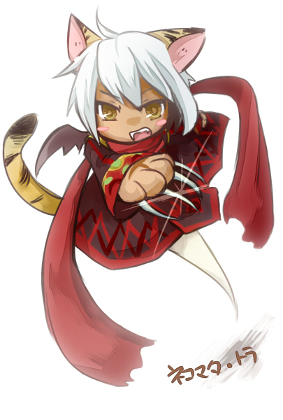 trutsmn, emil chronicle online, 1boy, ahoge, animal ears, animal hands, bat wings, black skin, blush stickers, cat boy, cat ears, cat girl, cat tail, character name, colored skin, dress, ghost girl, ghost tail, nekomata tora, open mouth, red dress, red scarf, scarf, solo, tail, very long fingernails, white background, white hair, wings, yellow eyes