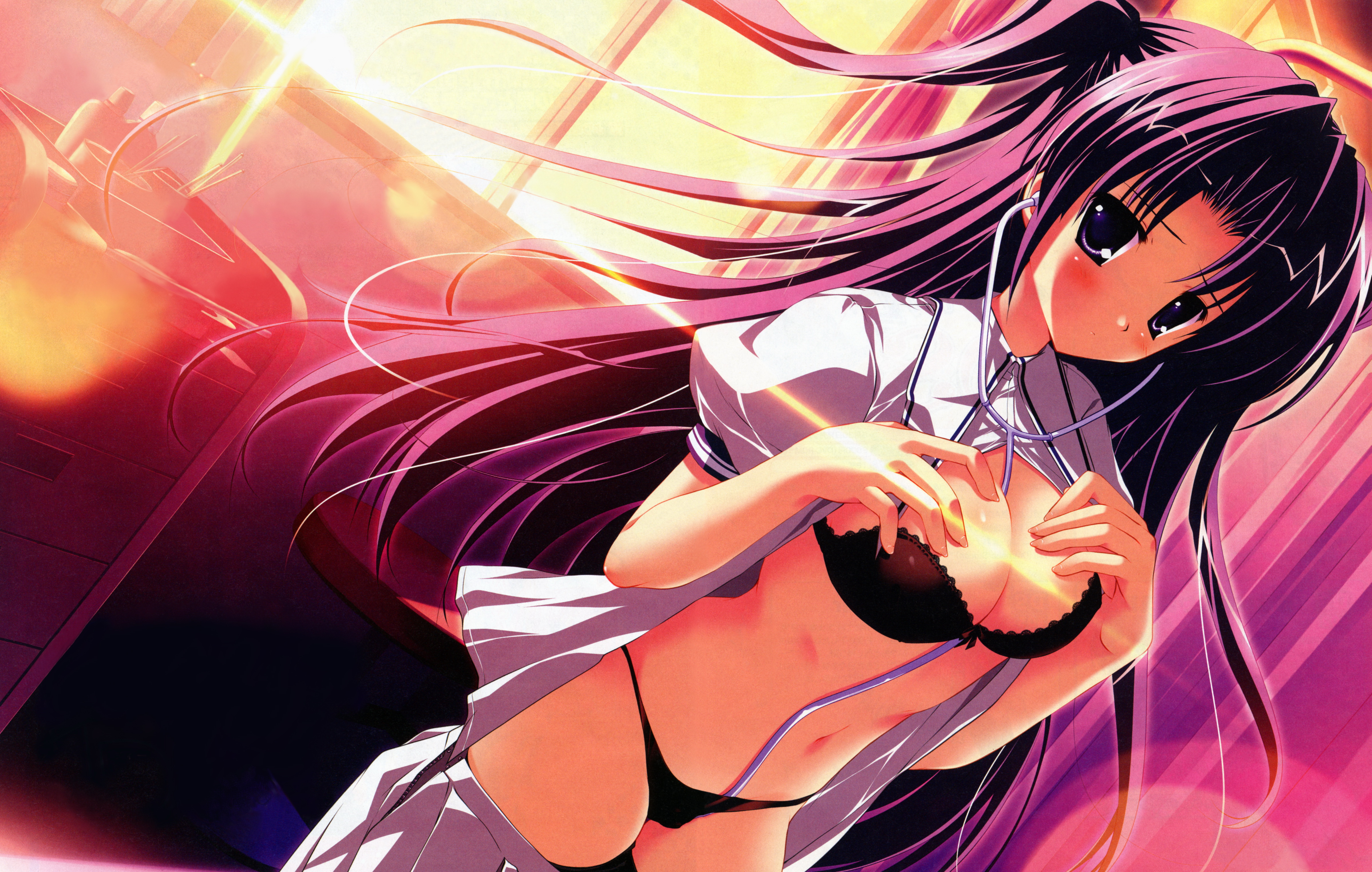 mikeou, takami rin, lyrical lyric, absurdres, highres, tagme, 1girl, black panties, blush, bra, breasts, clothes pull, female focus, navel, open clothes, open shirt, panties, shirt, skirt, skirt pull, solo, underwear, window