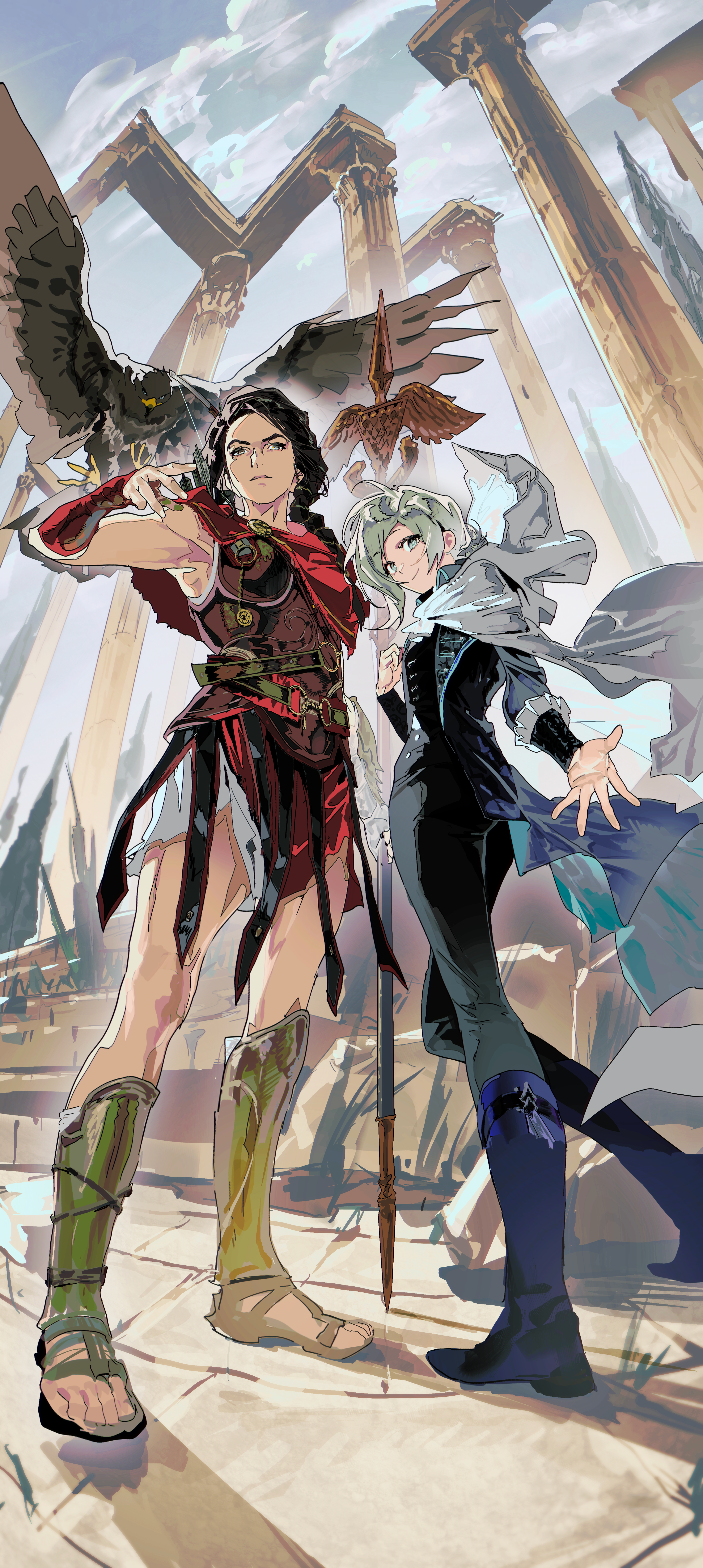 yanghua gaizi, vertin (reverse:1999), assassin's creed: odyssey, assassin's creed (series), reverse:1999, absurdres, highres, 2girls, armor, bird, black boots, black coat, black hair, black pants, blue sky, boots, braid, brown eyes, cape, closed mouth, coat, column, crossover, eagle, fisheye, from below, greaves, greek armor, grey hair, hand up, holding, holding polearm, holding weapon, kassandra of sparta, long braid, long hair, looking at viewer, looking down, multiple girls, outdoors, outstretched hand, pants, pillar, polearm, ruins, sandals, short hair, single braid, sky, smile, spear, standing, weapon, white cape