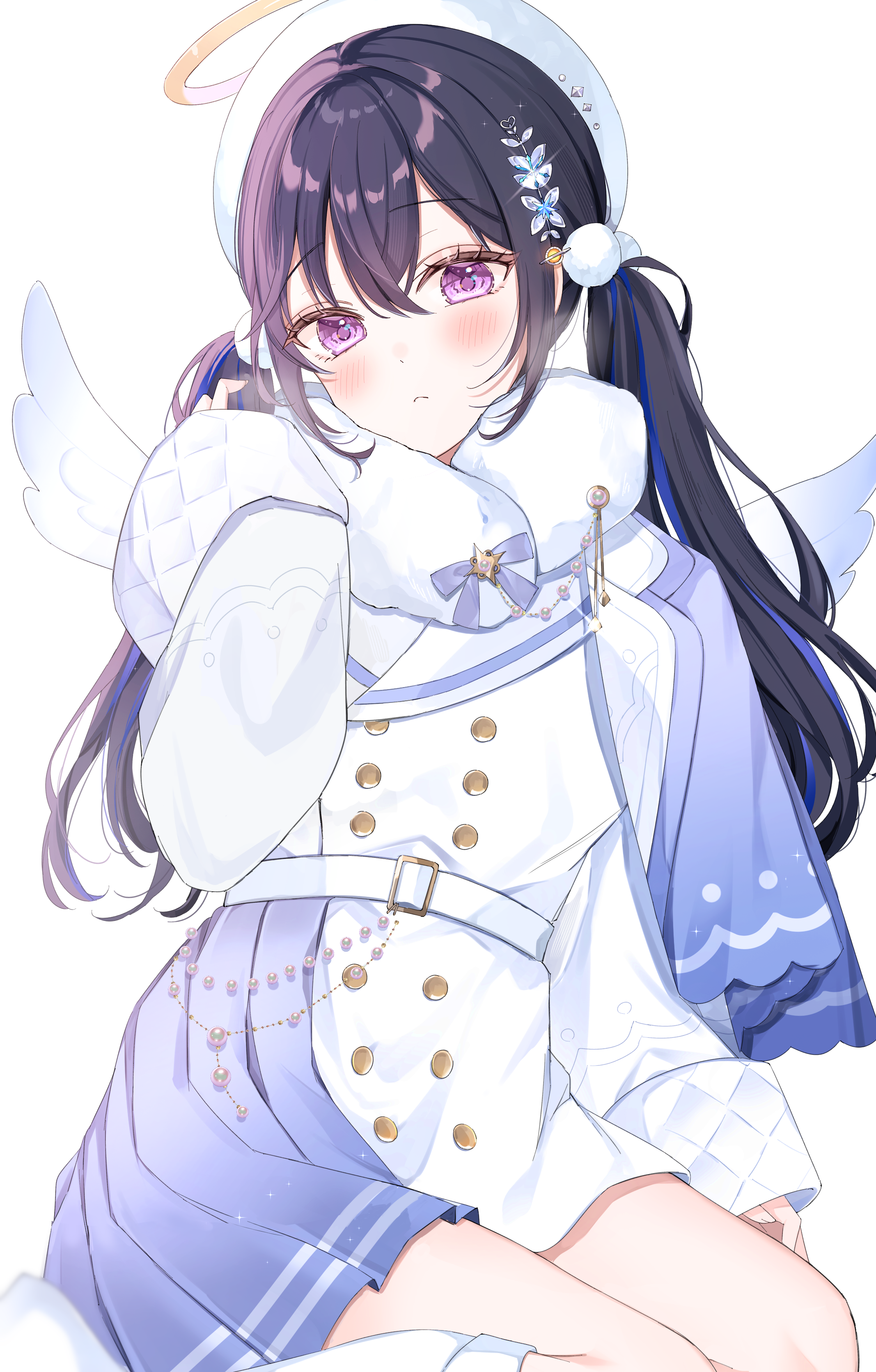 shain, ichinose uruha, vspo!, absurdres, highres, 1girl, angel wings, black hair, blush, closed mouth, dress, fur collar, hair ornament, halo, hand up, long hair, long sleeves, looking at viewer, multicolored hair, pleated dress, purple eyes, sidelocks, simple background, solo, streaked hair, twintails, two-tone dress, virtual youtuber, white background, white dress, wings