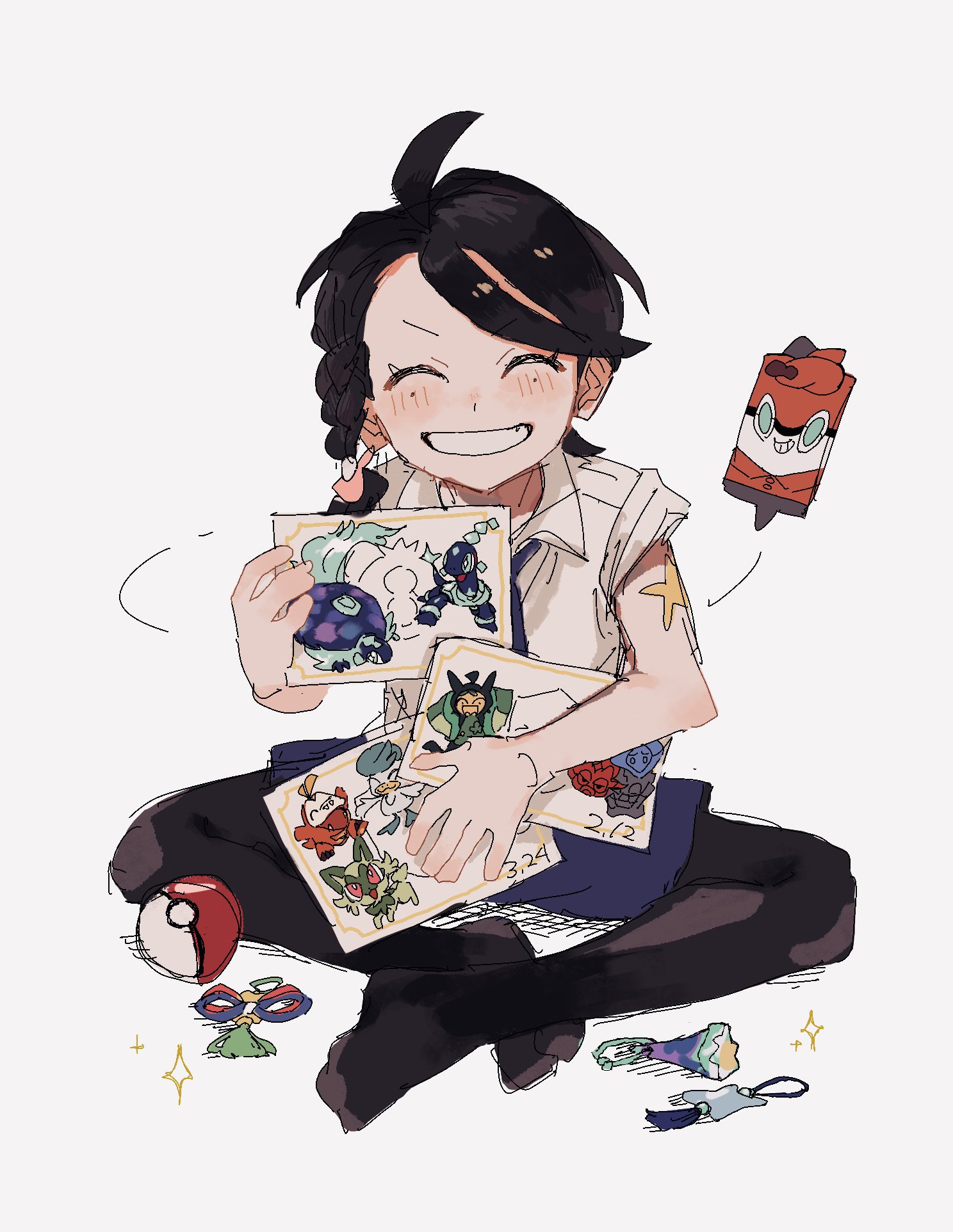 2enn3n, juliana (pokemon), rotom, rotom phone, nintendo, pokemon, pokemon sv, highres, 1girl, ahoge, black pantyhose, blush, braid, character print, closed eyes, collared shirt, drawing (object), facing viewer, gen 4 pokemon, grin, holding, motion lines, necktie, pantyhose, poke ball, poke ball (basic), purple necktie, purple shorts, shirt, short sleeves, shorts, sitting, smile, teeth, white background, white shirt