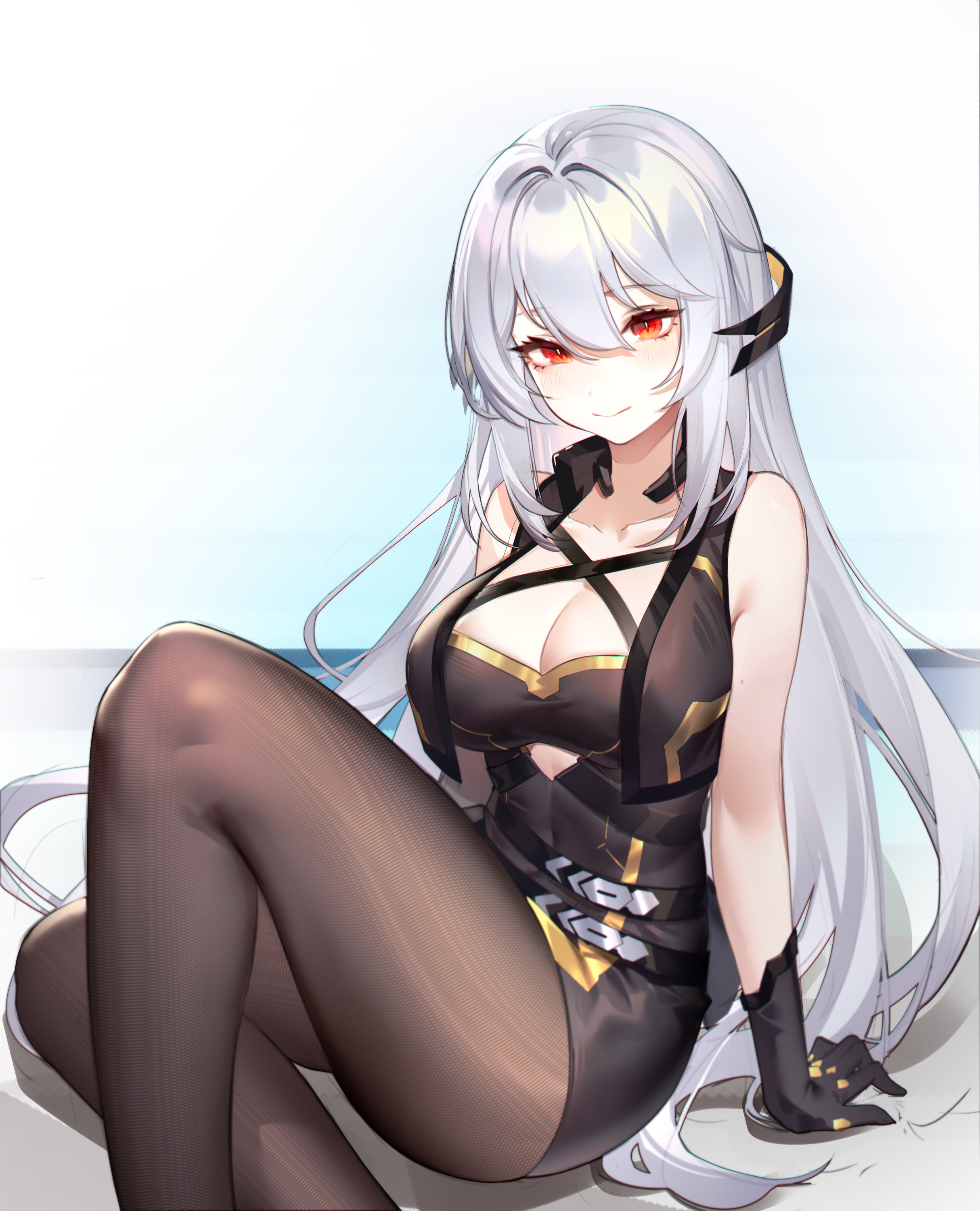 q18607, original, absurdres, chinese commentary, highres, 1girl, arm support, bare shoulders, black dress, black gloves, breasts, brown pantyhose, cleavage, closed mouth, clothing cutout, collarbone, covered navel, cowboy shot, criss-cross straps, cropped vest, cutout above navel, dress, feet out of frame, gloves, gold trim, hair between eyes, knee up, large breasts, legs, long hair, looking at viewer, pantyhose, red eyes, sidelocks, sitting, slit pupils, smile, solo, thighs, very long hair, vest, white background, white hair