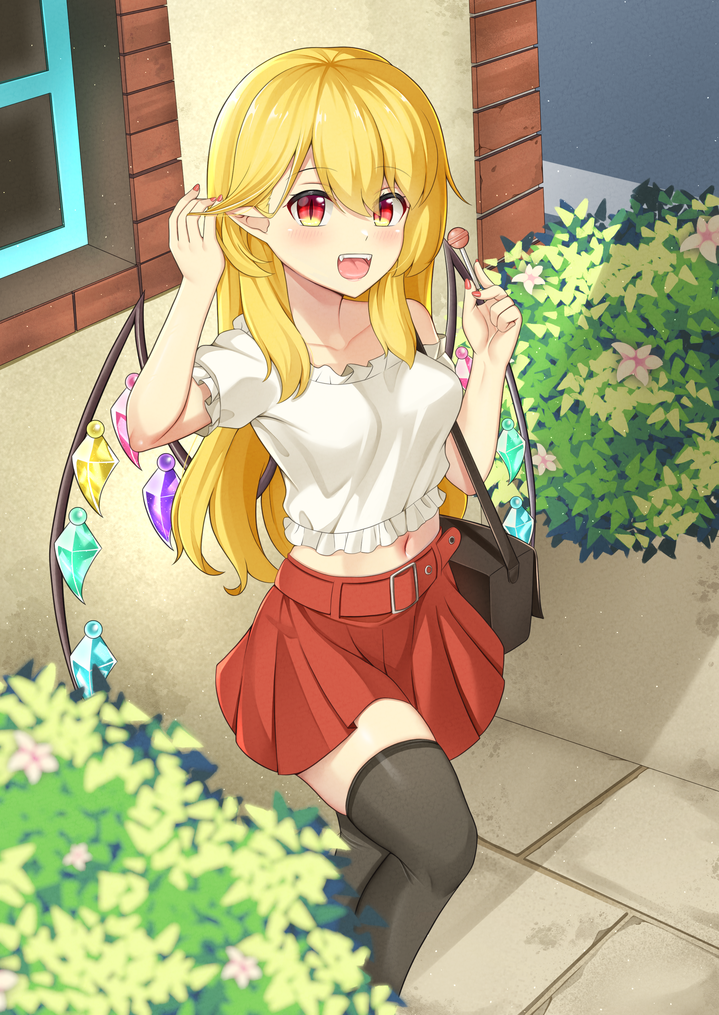akasaka sato, flandre scarlet, touhou, absurdres, commentary request, highres, 1girl, :d, alternate costume, bag, belt, black thighhighs, blonde hair, blurry, blush, breasts, brick, bush, candy, collarbone, crystal wings, depth of field, fangs, flower, food, frilled shirt, frills, hand in own hair, handbag, holding, holding candy, holding food, holding lollipop, lollipop, long hair, medium breasts, multicolored wings, off-shoulder shirt, off shoulder, open mouth, pavement, pink flower, pleated skirt, pointy ears, red belt, red eyes, red nails, red skirt, road, shirt, short sleeves, skirt, slit pupils, smile, solo, thighhighs, thighs, tongue, white shirt, window, wings