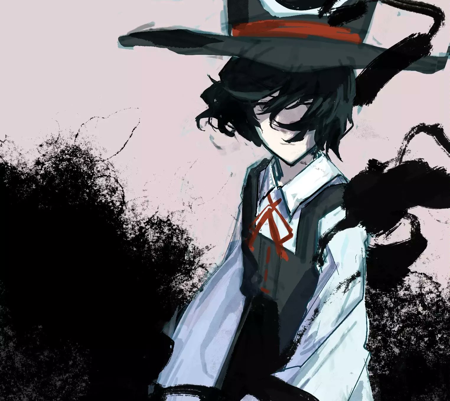 hongshao tofu, enraku tsubakura, len'en, highres, 1other, androgynous, black background, black coat, black eyes, black hair, black hat, brown background, closed mouth, coat, collared shirt, cowboy shot, detached sleeves, expressionless, eye of senri, floating hair, hair over one eye, hat, long hair, looking at viewer, neck ribbon, other focus, red ribbon, ribbon, ribbon-trimmed coat, ribbon trim, shirt, short hair, sleeveless, sleeveless coat, sleeveless shirt, solo, standing, top hat, two-tone background, white shirt, white sleeves, wide brim, wide sleeves, wind