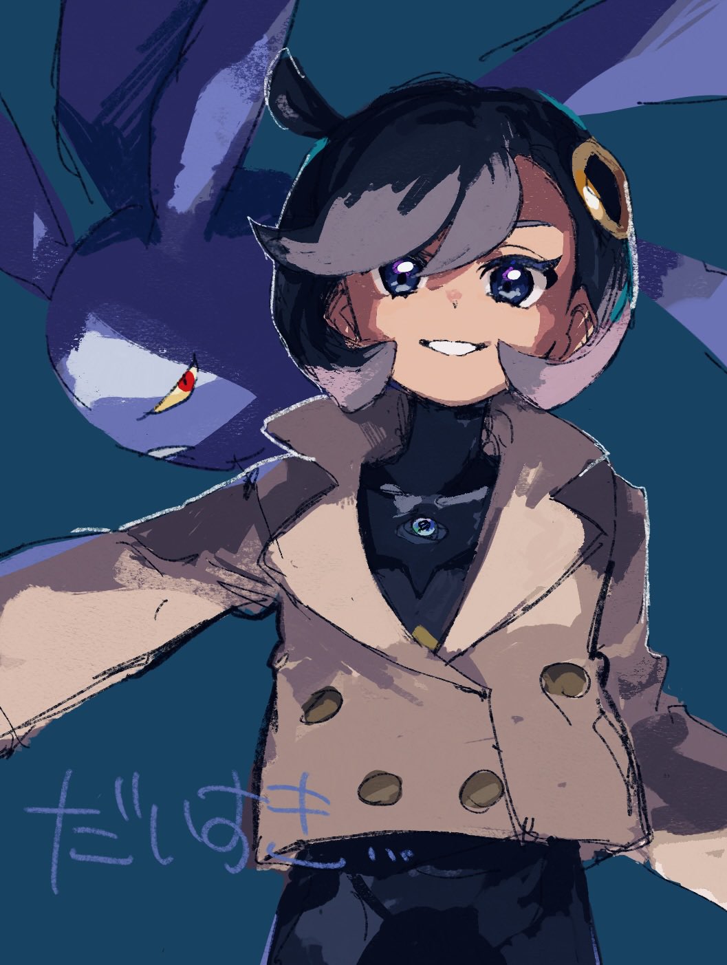 2enn3n, crobat, emma (pokemon), nintendo, pokemon, pokemon legends: z-a, highres, translation request, 1girl, aqua background, black bodysuit, black hair, bodysuit, bodysuit under clothes, brown jacket, collared jacket, gen 2 pokemon, grin, hair ornament, jacket, one side up, pokemon (creature), short hair, smile, teeth