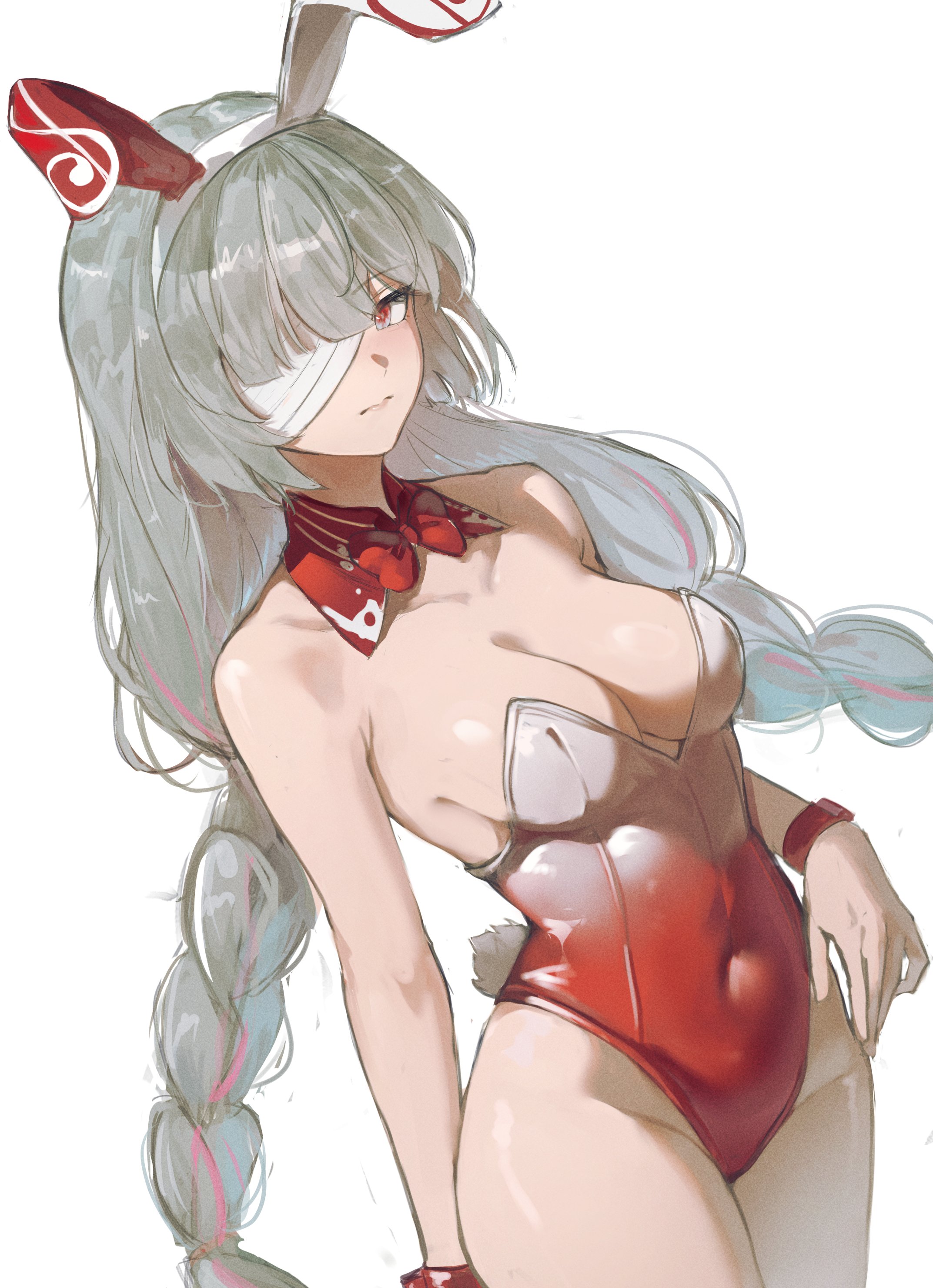 hangu, phrolova (wuthering waves), wuthering waves, absurdres, commentary, highres, 1girl, alternate costume, animal ear hairband, animal ears, bandage over one eye, bare shoulders, braid, breasts, cleavage, closed mouth, collar, covered navel, cowboy shot, detached collar, fake animal ears, gradient clothes, gradient leotard, grey eyes, hairband, leotard, looking at viewer, low twin braids, medium breasts, multicolored hair, playboy bunny, rabbit ear hairband, rabbit ears, red collar, red leotard, simple background, solo, strapless, strapless leotard, streaked hair, thighs, twin braids, white background