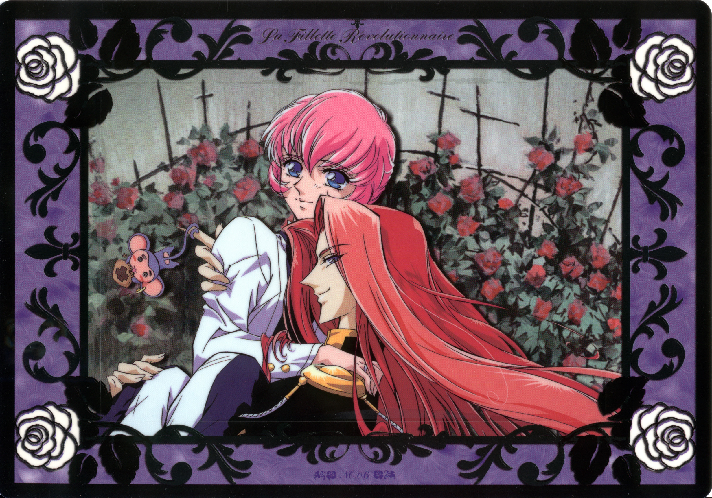 chu chu, kiryuu touga, tenjou utena, shoujo kakumei utena, highres, 1990s (style), blue eyes, flower, pink hair, red hair, rose