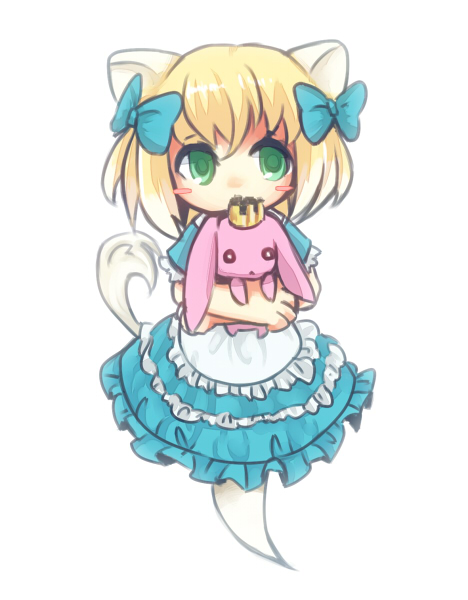 trutsmn, emil chronicle online, 1girl, animal ears, apron, blonde hair, blue dress, blush stickers, cat ears, cat girl, cat tail, dress, frilled apron, frilled dress, frills, ghost girl, ghost tail, green eyes, holding, holding stuffed toy, nekomata alice, solo, stuffed animal, stuffed rabbit, stuffed toy, tail, white apron, white background, white tail