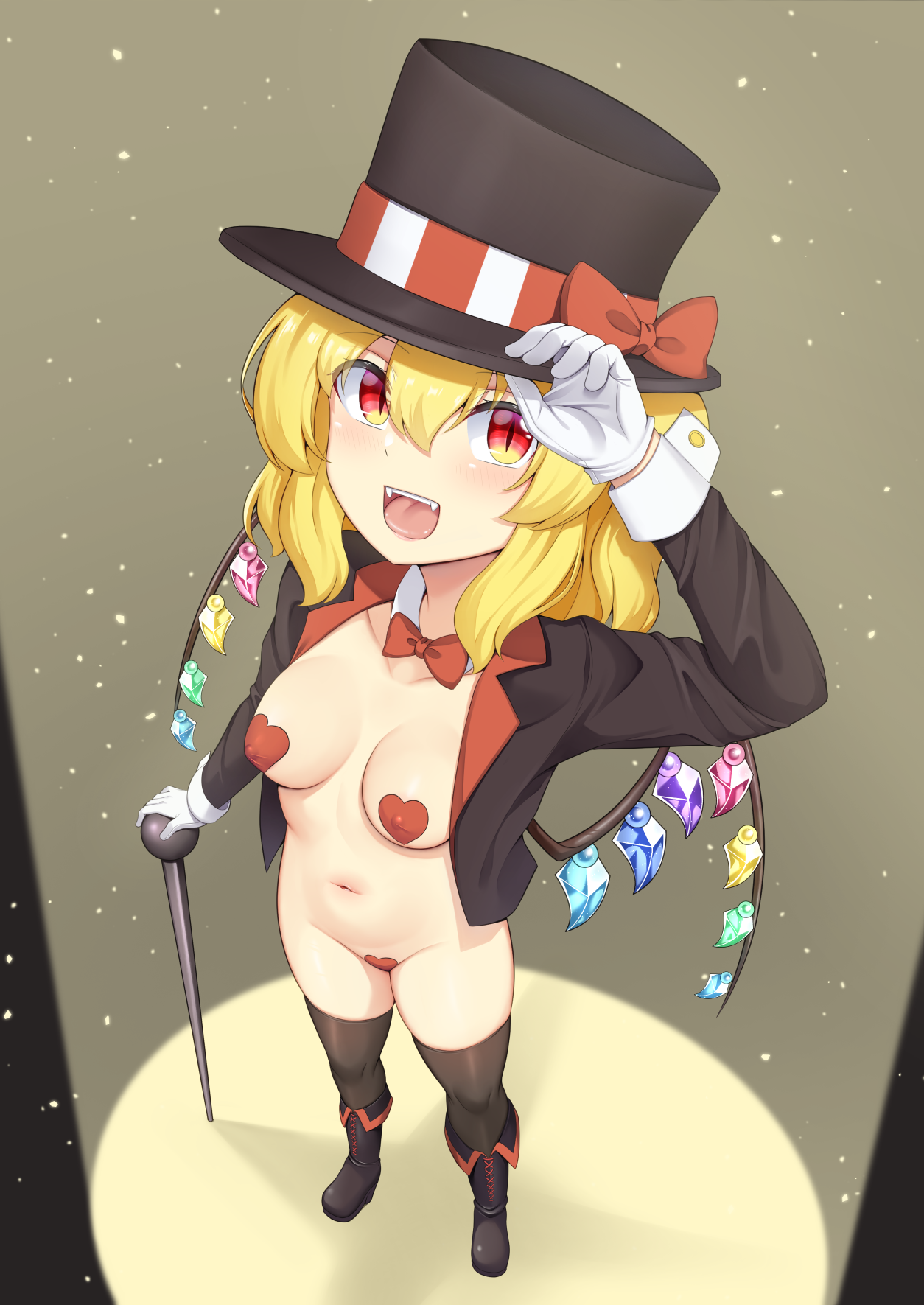 akasaka sato, flandre scarlet, touhou, commentary request, highres, 1girl, :d, black background, black boots, black hat, black jacket, black thighhighs, blonde hair, blush, boots, bow, bowtie, breasts, cane, collar, collarbone, covered erect nipples, crystal wings, fangs, from above, gloves, hand on headwear, hat, hat bow, hat ribbon, heart pasties, holding, holding cane, jacket, light particles, lips, long sleeves, looking up, medium breasts, medium hair, multicolored wings, naked jacket, navel, open mouth, pasties, red bow, red bowtie, red eyes, ribbon, slit pupils, smile, solo, spotlight, stomach, thighhighs, thighs, tongue, top hat, vertical-striped ribbon, white collar, white gloves, wings