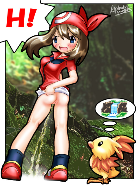 kipimix works, may (pokemon), torchic, nintendo, pokemon, 1girl, angry, ass, bandana, blush, bottomless, breasts, female focus, gen 3 pokemon, nature, outdoors, peeing, plant, pokemon (creature), pussy, skirt, solo, uncensored, white skirt