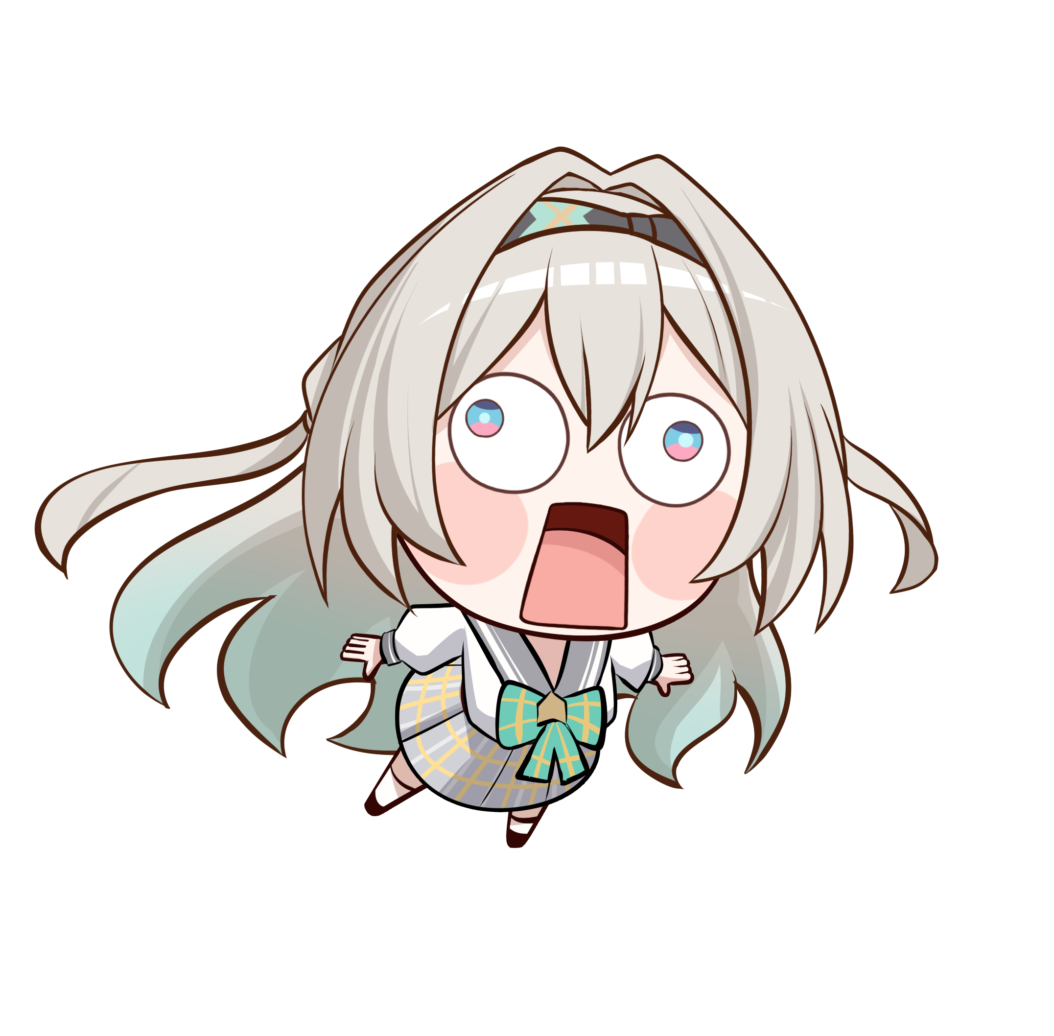 bonz0616, firefly (honkai: star rail), firefly (spring missive) (honkai: star rail), honkai: star rail, honkai (series), highres, 1girl, blue eyes, blush, chibi, gradient hair, green hair, grey hair, headband, multicolored eyes, multicolored hair, open mouth, pink eyes, sailor collar, shirt, skirt, socks, solo, white shirt, white socks