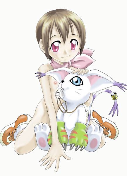 tailmon, yagami hikari, digimon, digimon adventure, aged down, digimon (creature), flat chest, loli, nipples, nude, shoes, sneakers, whistle