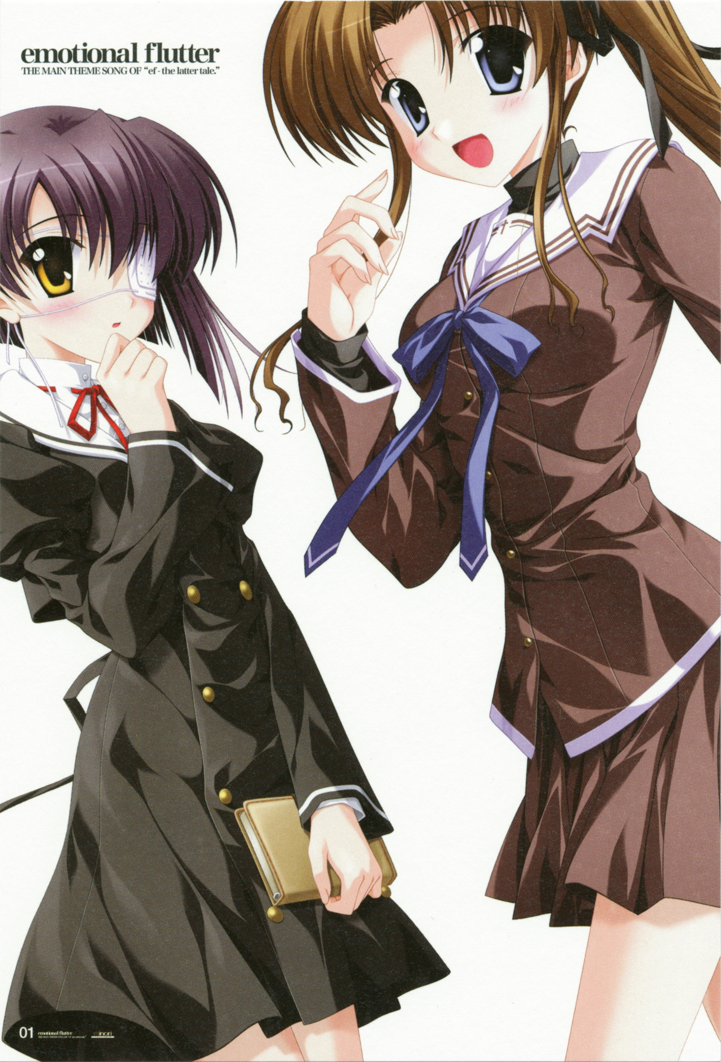nanao naru, hayama mizuki, shindou chihiro, ef (visual novel), ef ~a fairytale of the two~, highres, scan, 00s, 2girls, :d, blue eyes, blush, brown hair, eyepatch, multiple girls, open mouth, purple hair, school uniform, serafuku, smile, yellow eyes