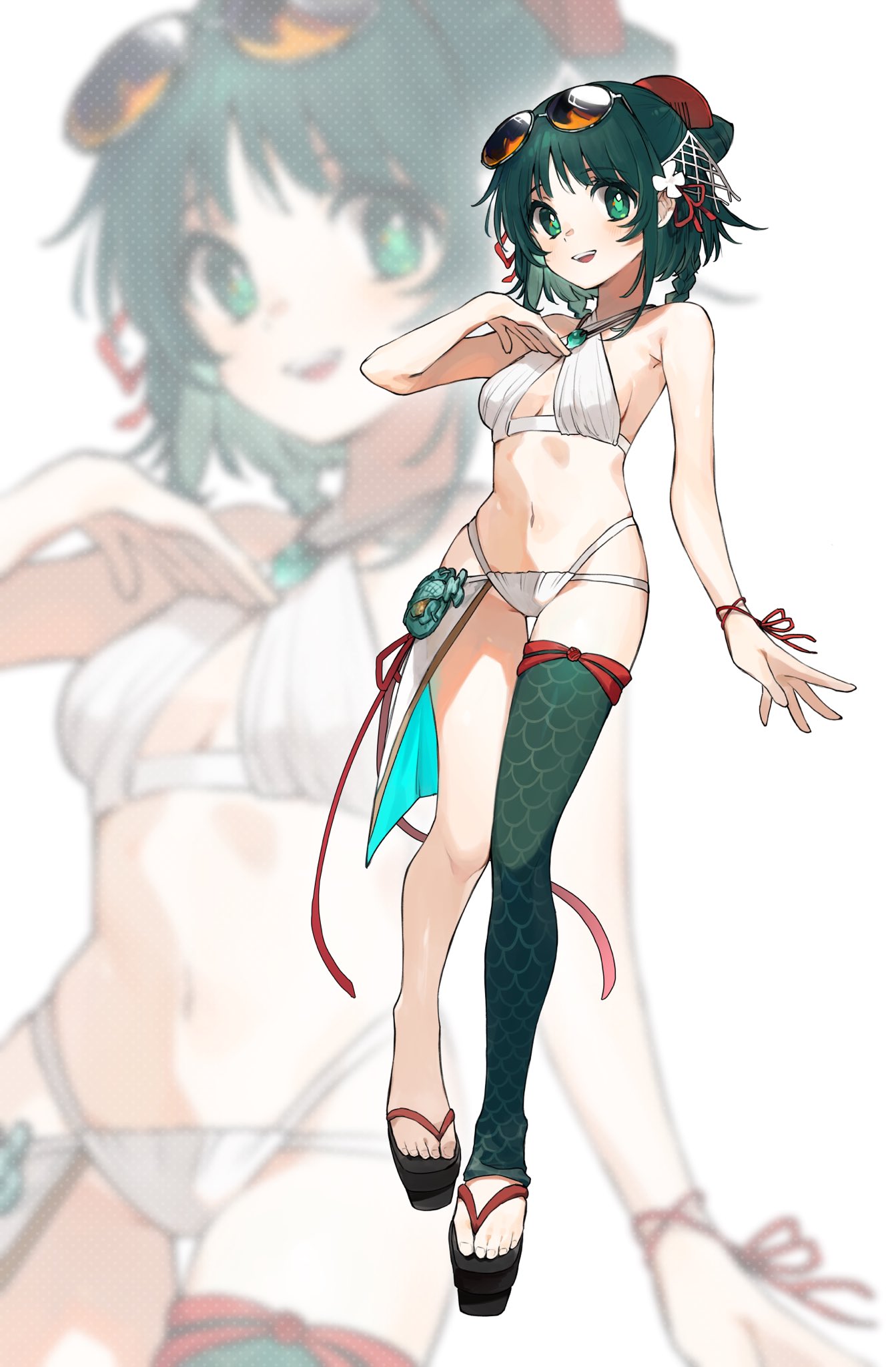 yamabuki otk, ototachibana-hime (fate), fate/samurai remnant, fate (series), highres, 1girl, alternate costume, bikini, braid, breasts, eyewear on head, full body, green eyes, looking at viewer, navel, sandals, short hair, small breasts, smile, solo, stomach, sunglasses, swimsuit, teeth, toenails, toes, upper teeth only, white bikini