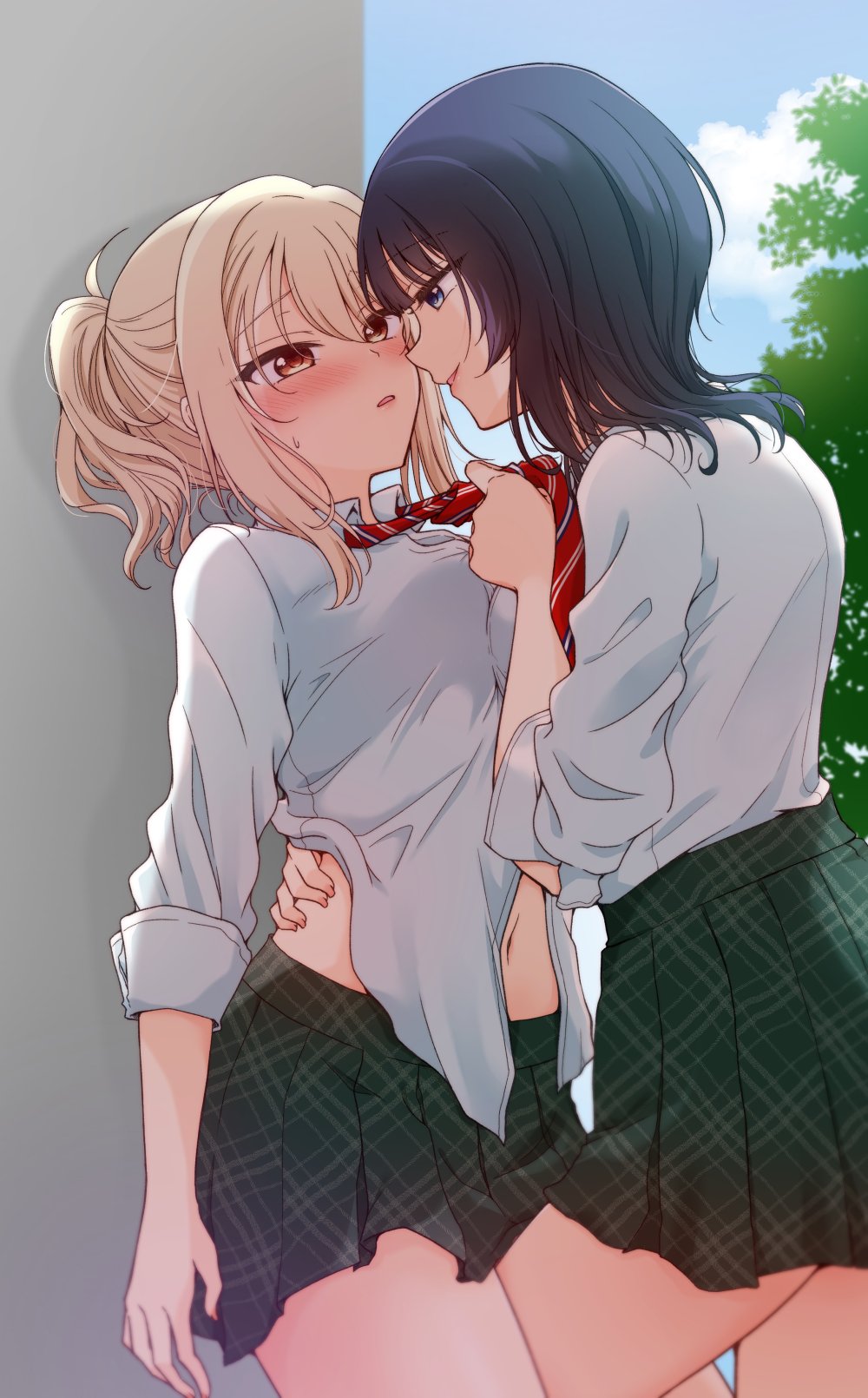 kuroda roku (345), asaka karin, miyashita ai, love live!, love live! nijigasaki high school idol club, commentary request, highres, 2girls, black skirt, blonde hair, blue eyes, blue hair, blush, clothes grab, collared shirt, day, eye contact, hand on another's waist, leg between thighs, looking at another, multiple girls, necktie, necktie grab, neckwear grab, outdoors, parted lips, plaid clothes, plaid skirt, red eyes, red necktie, shirt, side ponytail, skirt, sleeves rolled up, smile, white shirt, yuri