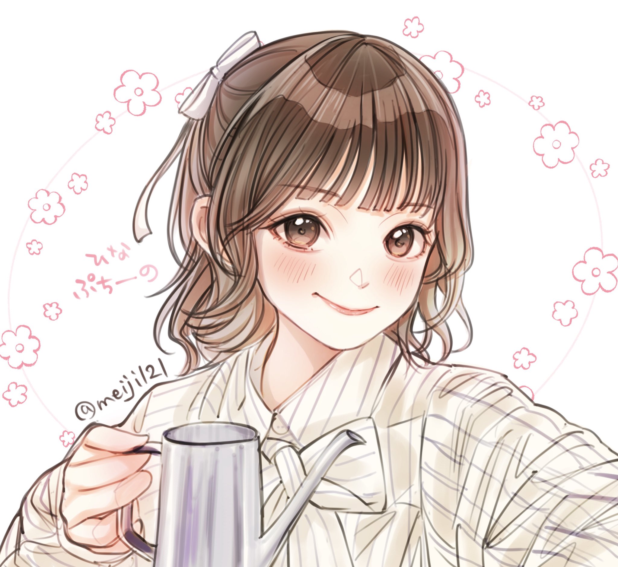 meiji (mosamoo3), real life, commentary request, highres, 1girl, animification, blunt bangs, blush, brown eyes, closed mouth, flower symbol, hair ribbon, half updo, holding pitcher, looking at viewer, medium hair, pinstripe pattern, pinstripe shirt, pitcher (container), ribbon, sakurai hina, shirt, sidelocks, smile, solo, twitter username, voice actor, white background, white ribbon, white shirt