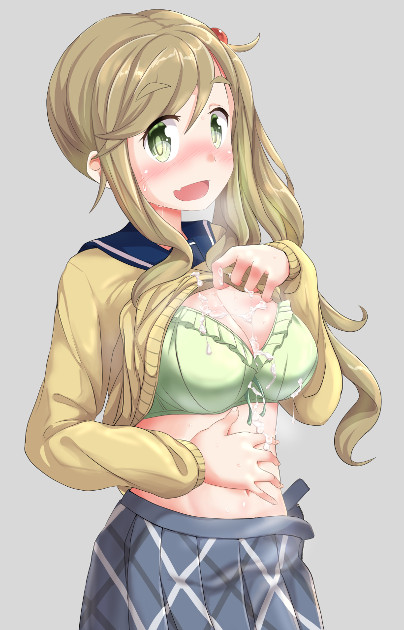 yuukin, inuyama aoi, yurucamp, commentary request, highres, 1girl, blonde hair, blush, bra, breasts, cleavage, clothes lift, cum, cum on body, cum on breasts, cum on upper body, fang, green bra, green eyes, hand on own stomach, large breasts, looking at viewer, motosu school uniform, open mouth, sailor collar, school uniform, serafuku, shirt lift, side ponytail, sidelocks, skirt, sweat, underwear, upper body
