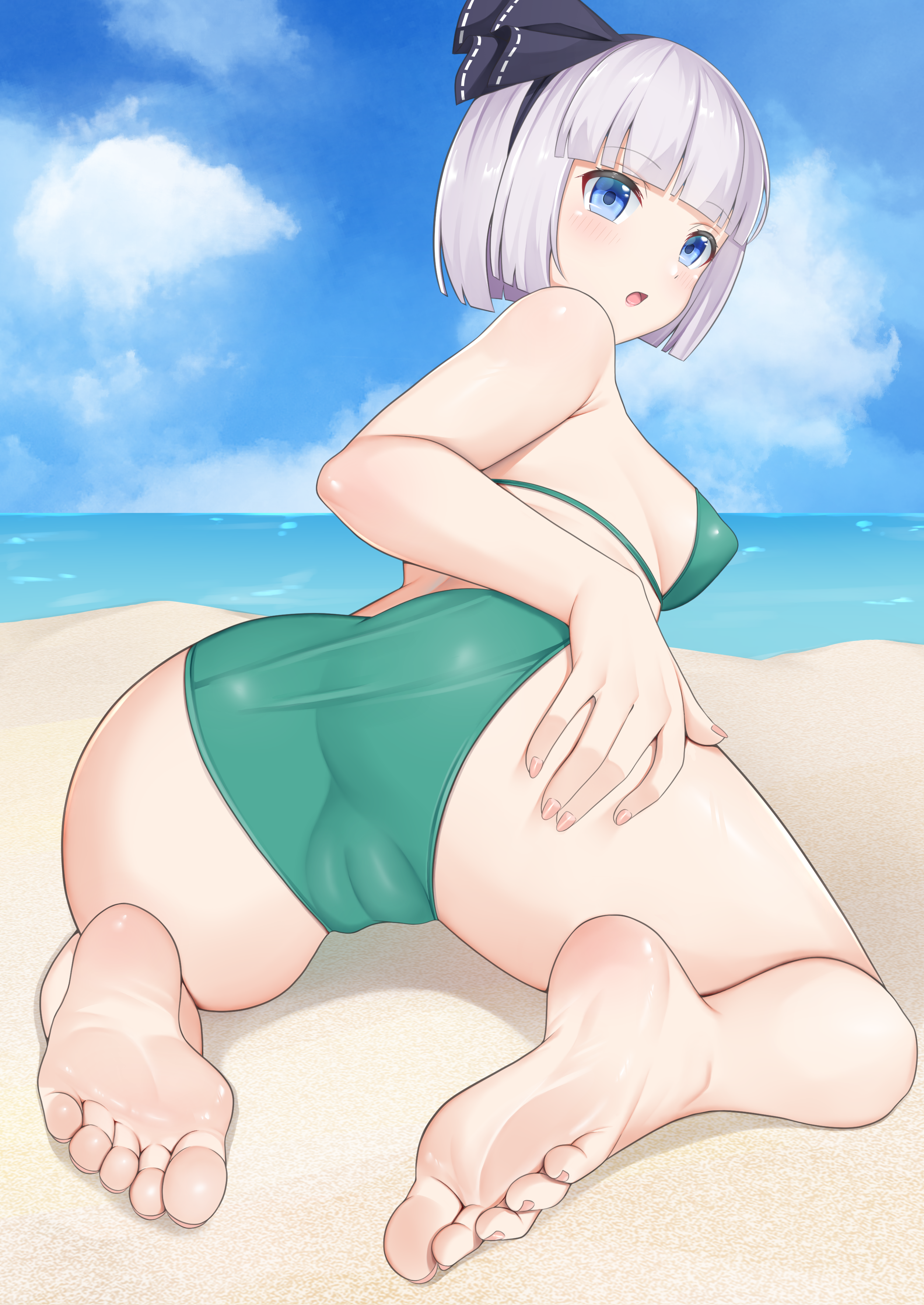 akasaka sato, konpaku youmu, touhou, absurdres, commentary request, highres, 1girl, all fours, barefoot, beach, bikini, black hairband, black ribbon, blue eyes, blue sky, blush, breasts, cameltoe, cloud, feet, from behind, full body, green bikini, grey hair, hair ribbon, hairband, hand on own thigh, lips, looking back, medium breasts, ocean, parted lips, ribbon, short hair, sky, solo, swimsuit, thighs, water