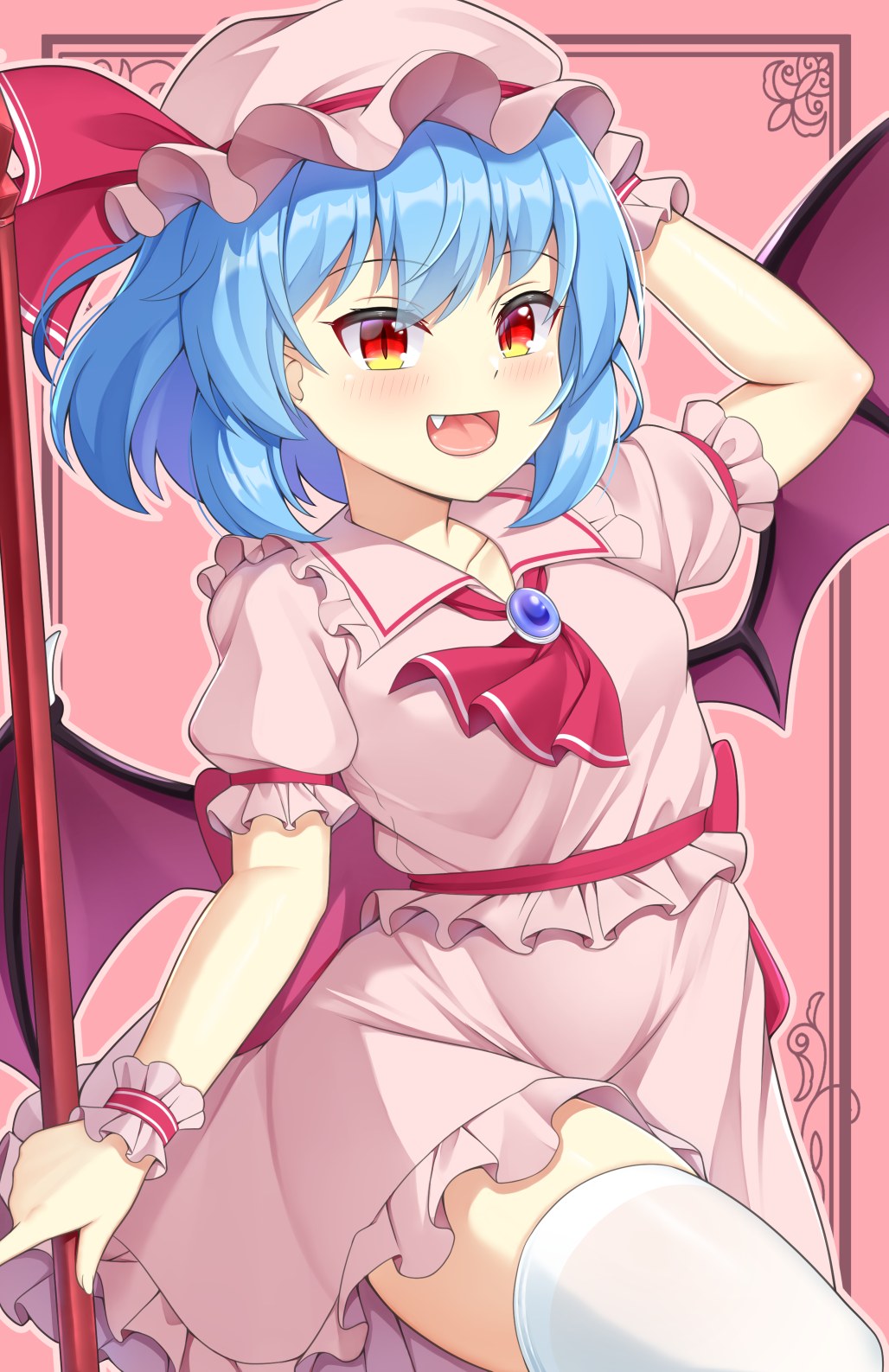 akasaka sato, remilia scarlet, touhou, commentary request, highres, 1girl, :d, ascot, back bow, bat wings, blue brooch, blue gemstone, blue hair, blush, bow, collarbone, collared shirt, cowboy shot, fang, frilled shirt, frilled skirt, frilled wrist cuffs, frills, gem, hand on headwear, hat, hat ribbon, holding, holding polearm, holding weapon, lips, mob cap, open mouth, pink background, pink hat, pink shirt, pink skirt, polearm, purple wings, red ascot, red bow, red eyes, red ribbon, ribbon, shirt, short hair, short sleeves, skirt, slit pupils, smile, solo, spear the gungnir, thighhighs, thighs, tongue, weapon, white thighhighs, wings, wrist cuffs