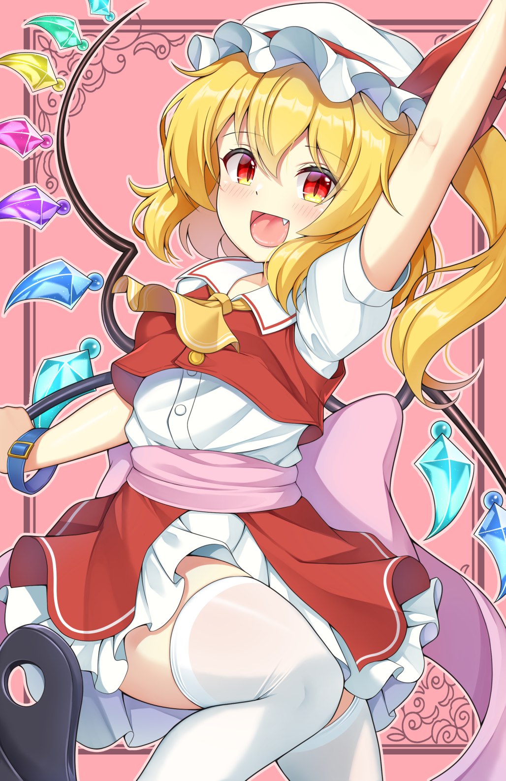 akasaka sato, flandre scarlet, touhou, commentary request, highres, 1girl, :d, arm up, ascot, back bow, blonde hair, blush, bow, buttons, collared shirt, crystal wings, fang, feet out of frame, hand up, hat, hat ribbon, holding, holding polearm, holding weapon, laevatein (touhou), medium hair, mob cap, multicolored wings, open mouth, petticoat, pink background, pink bow, pink sash, polearm, red eyes, red ribbon, red skirt, red vest, ribbon, sash, shirt, short sleeves, side ponytail, skirt, slit pupils, smile, solo, thighhighs, thighs, tongue, vest, weapon, white hat, white shirt, white thighhighs, wings, yellow ascot