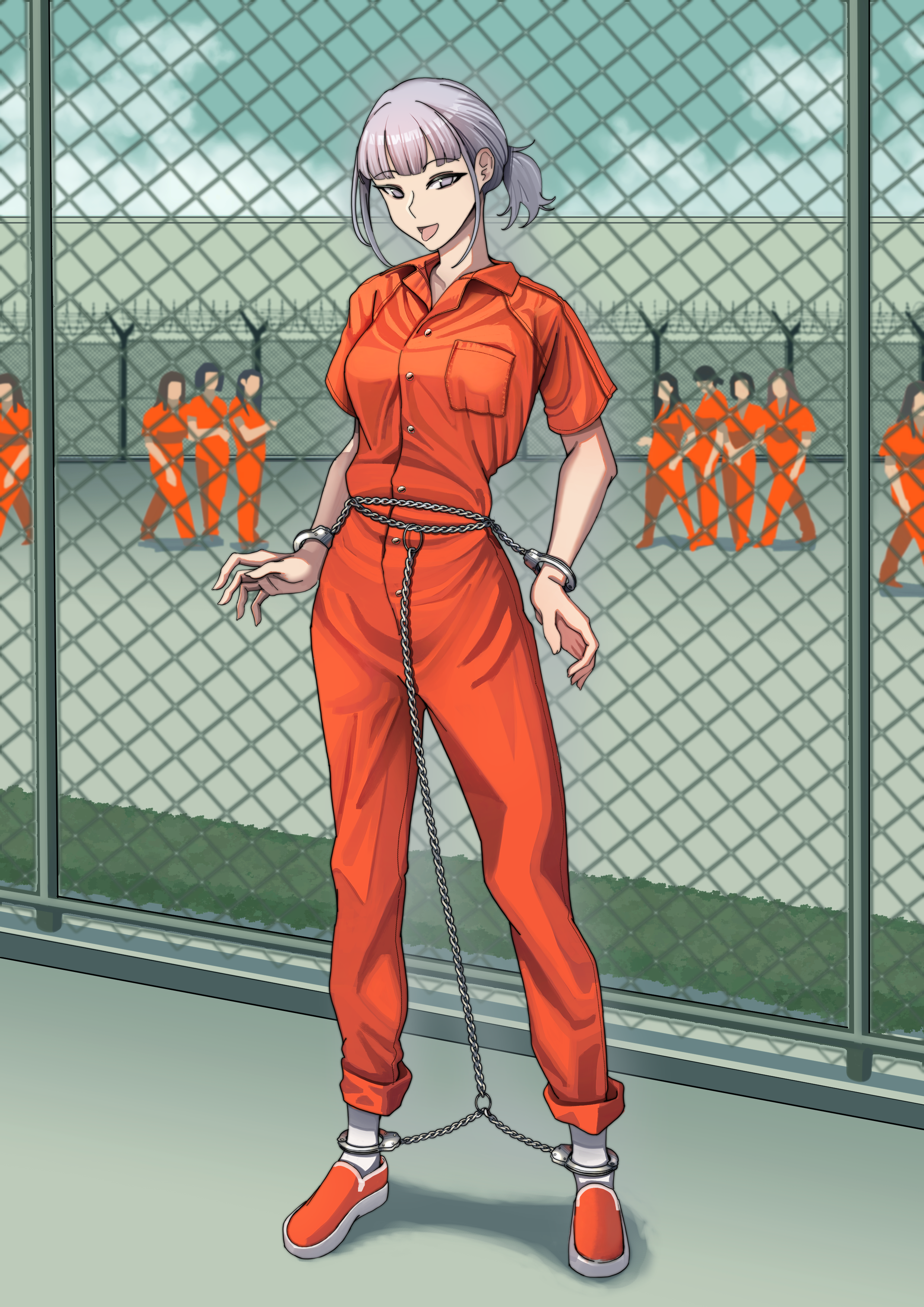 fire ritsu, rpk-16 (girls' frontline), girls' frontline, absurdres, commentary, english commentary, highres, 6+girls, alternate costume, breasts, cuffs, empty eyes, full body, grey eyes, grey hair, handcuffs, jumpsuit, looking at viewer, medium hair, mob x character, multiple girls, open mouth, orange jumpsuit, orange pants, orange shirt, orange shoes, pants, ponytail, prison, prison clothes, prisoner, shackles, shirt, shoes, short ponytail, short sleeves, sidelocks, socks, standing, tongue, white socks