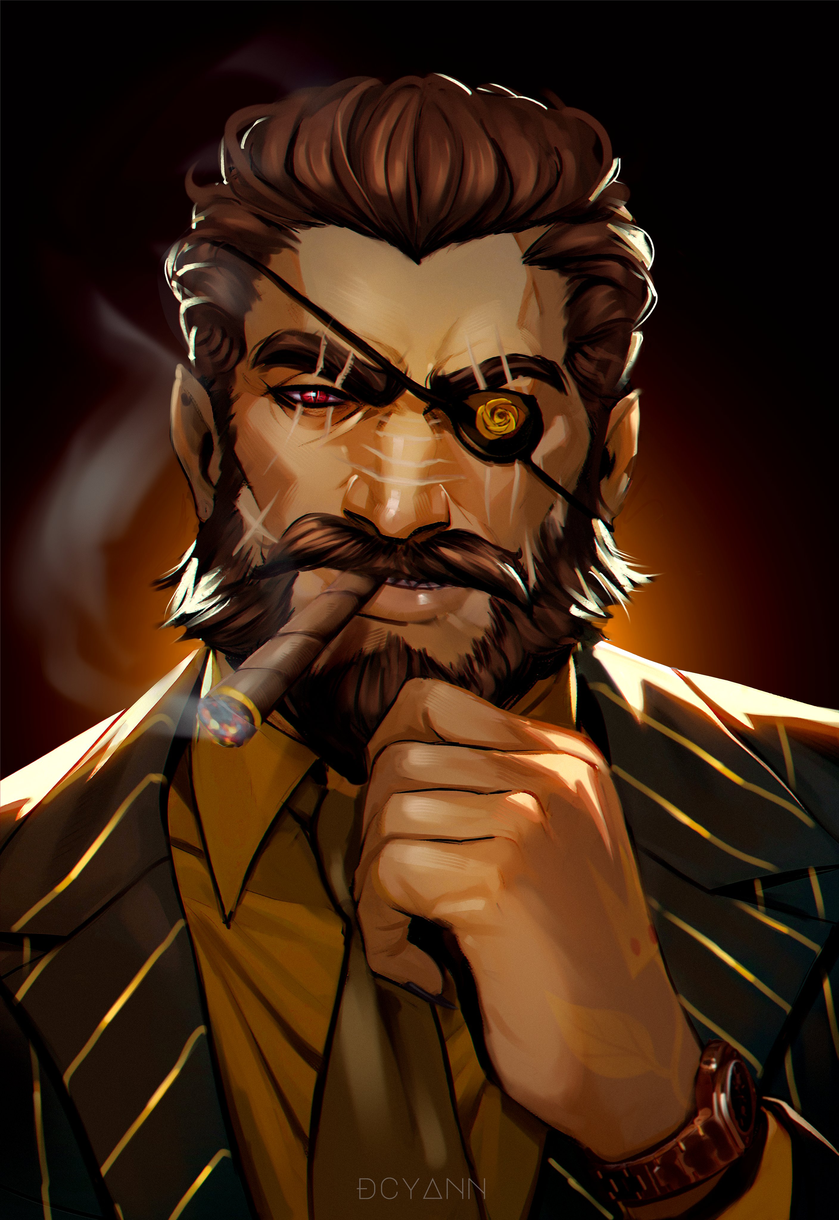 dcyann, original, absurdres, highres, 1boy, artist name, beard, brown hair, brown jacket, brown necktie, brown shirt, cigar, collared shirt, eyepatch, facial hair, gold trim, jacket, looking at viewer, male focus, necktie, red eyes, shirt, short hair, smoking, solo, upper body, watch, wristwatch