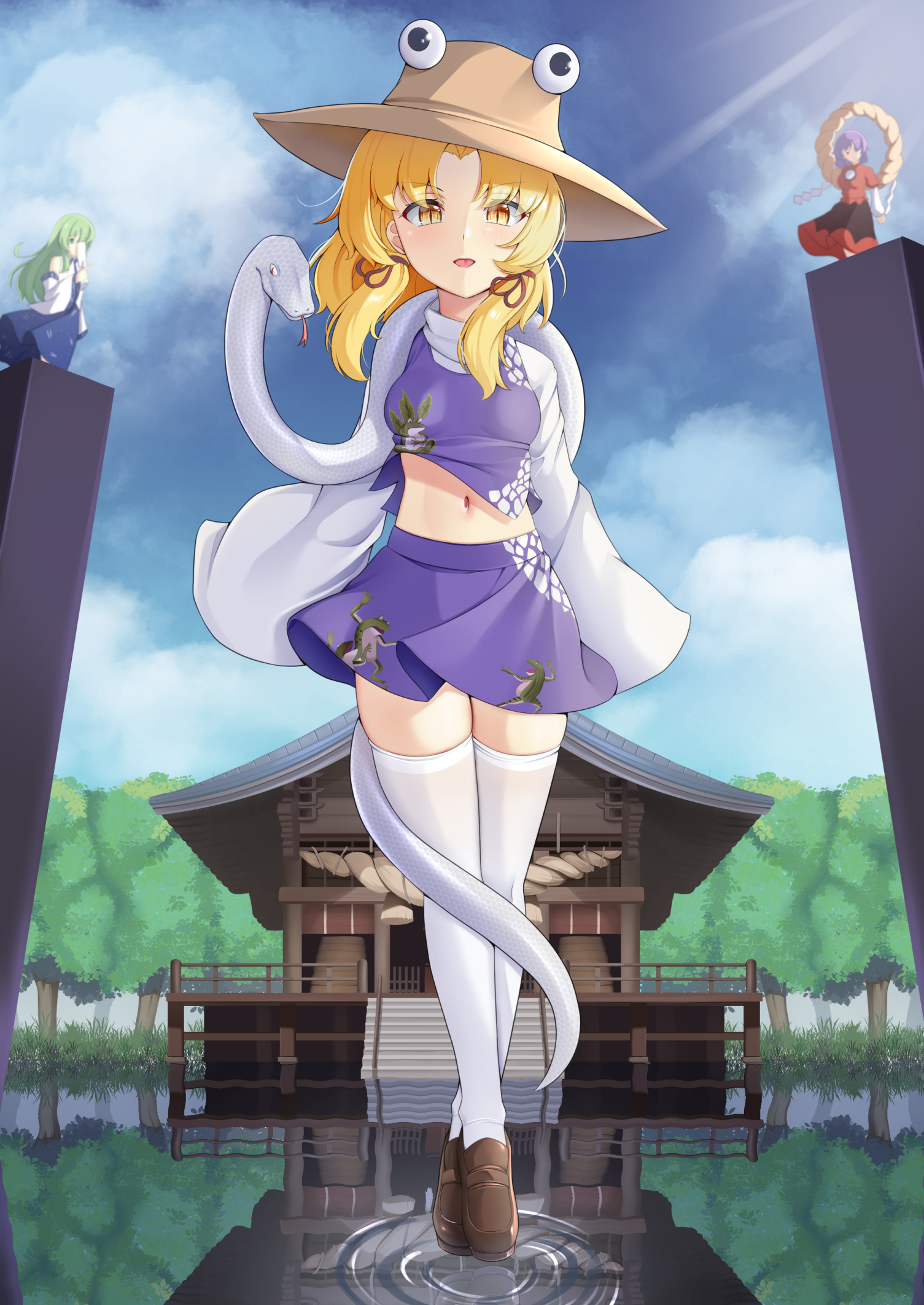 akasaka sato, kochiya sanae, mishaguji, moriya suwako, yasaka kanako, touhou, commentary request, highres, 3girls, animal print, blonde hair, blue skirt, blue sky, brown hat, brown shoes, cloud, dress, floating, frog print, full body, grass, green hair, hair ribbon, hat, lake, light rays, long hair, long sleeves, looking at viewer, midriff peek, miniskirt, moriya shrine, multiple girls, navel, pillar, purple hair, purple skirt, purple vest, red dress, red ribbon, reflection, reflective water, ribbon, ripples, rope, scale print, shimenawa, shirt, shoes, shrine, sidelocks, skirt, sky, slit pupils, snake, stairs, standing, sunbeam, sunlight, thighhighs, tongue, tongue out, tree, vest, water, white shirt, white snake, white thighhighs, yellow eyes, zettai ryouiki