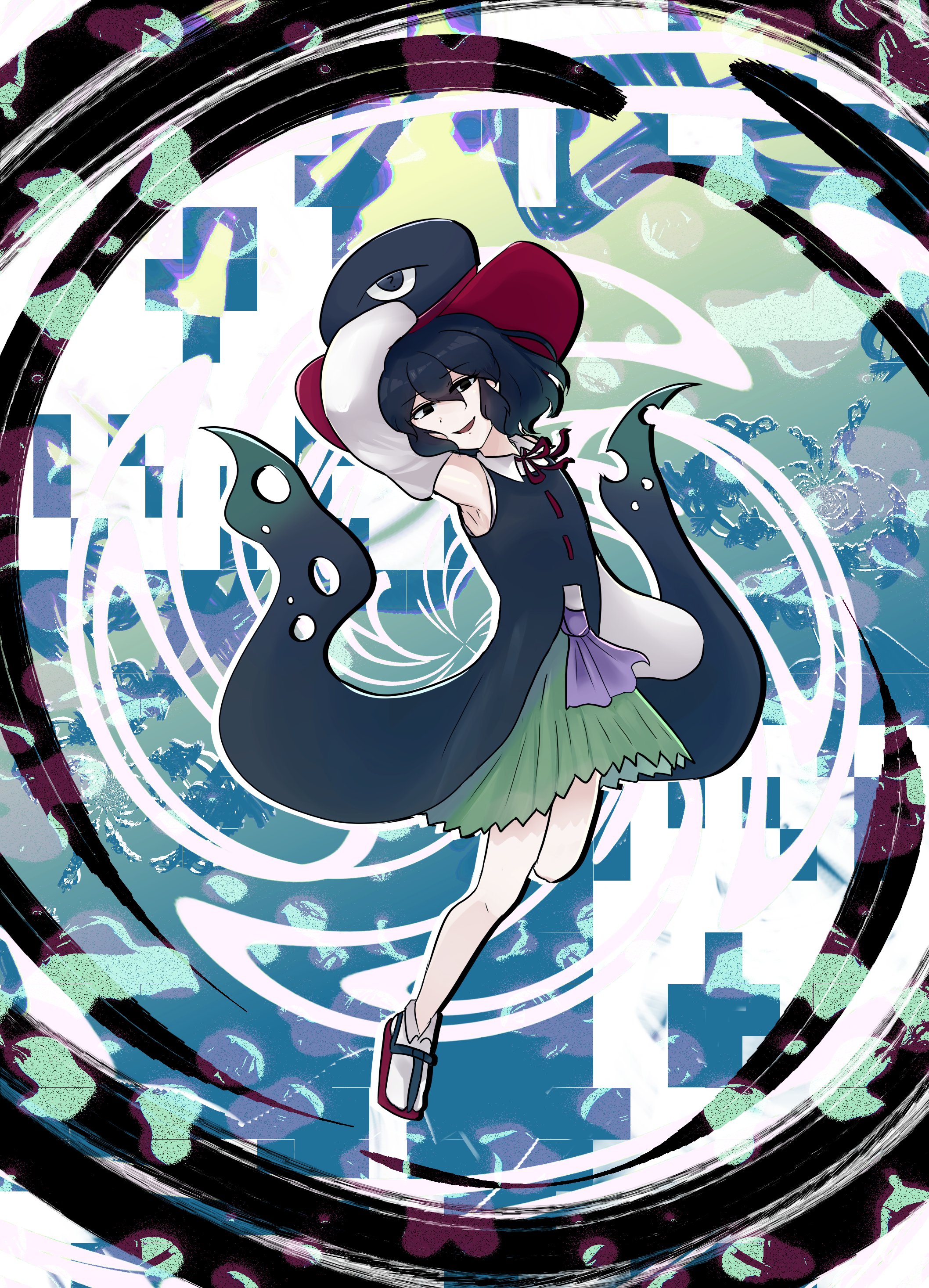 ex mugennumaya, enraku tsubakura, senri tsurubami, len'en, absurdres, commentary, english commentary, highres, 1other, abstract background, androgynous, bare legs, bare shoulders, black coat, black eyes, black hair, black hat, coat, coattails, collared shirt, collared socks, cosplay, detached sleeves, dot nose, enraku tsubakura (cosplay), eye of senri, floating, floating clothes, full body, green hakama, hair between eyes, hakama, hakama short skirt, hakama skirt, hand on headwear, hat, hole, japanese clothes, long sleeves, looking at viewer, neck ribbon, open mouth, other focus, outline, red hat, red ribbon, red sandals, ribbon, ribbon-trimmed corset, ribbon trim, sandals, shirt, short hair, skirt, sleeveless, sleeveless coat, sleeveless shirt, smile, socks, solo, spell, tabi, top hat, torn clothes, torn coat, two-sided fabric, two-sided headwear, white outline, white shirt, white sleeves, white socks, wide sleeves, zouri