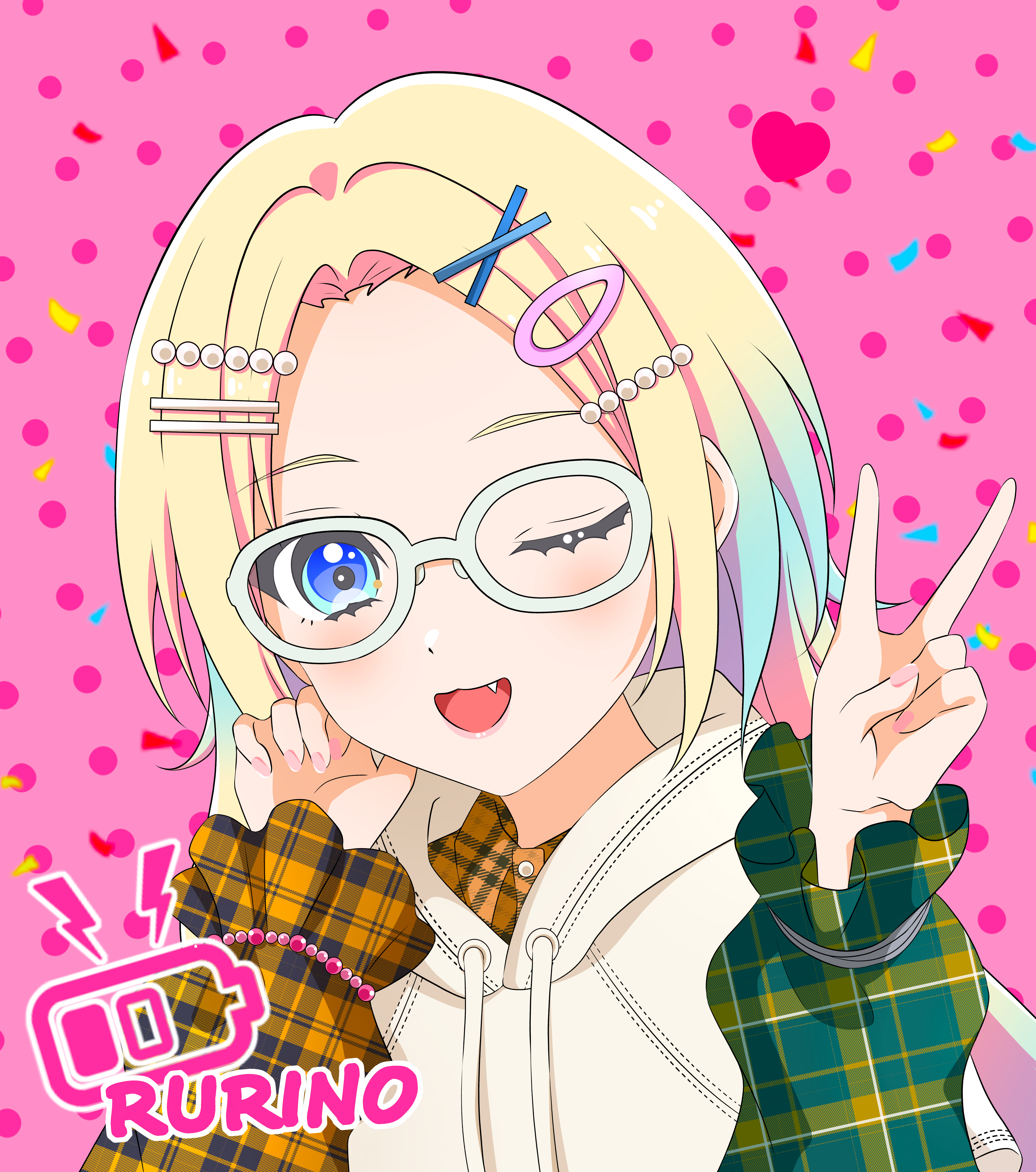 kujo awenn, osawa rurino, link! like! love live!, love live!, absurdres, commentary request, highres, 1girl, ;d, blonde hair, blue hair, brown shirt, character logo, character name, collared shirt, colorfulness (love live!), fang, frilled sleeves, frills, glasses, gradient hair, hair ornament, hairclip, heart, hood, hoodie, long sleeves, looking at viewer, multicolored hair, official alternate costume, one eye closed, open mouth, parallel hairclips, pink background, pink nails, plaid clothes, plaid shirt, polka dot, polka dot background, shirt, smile, solo, unmoving pattern, upper body, virtual youtuber, white-framed eyewear, white hoodie, x hair ornament