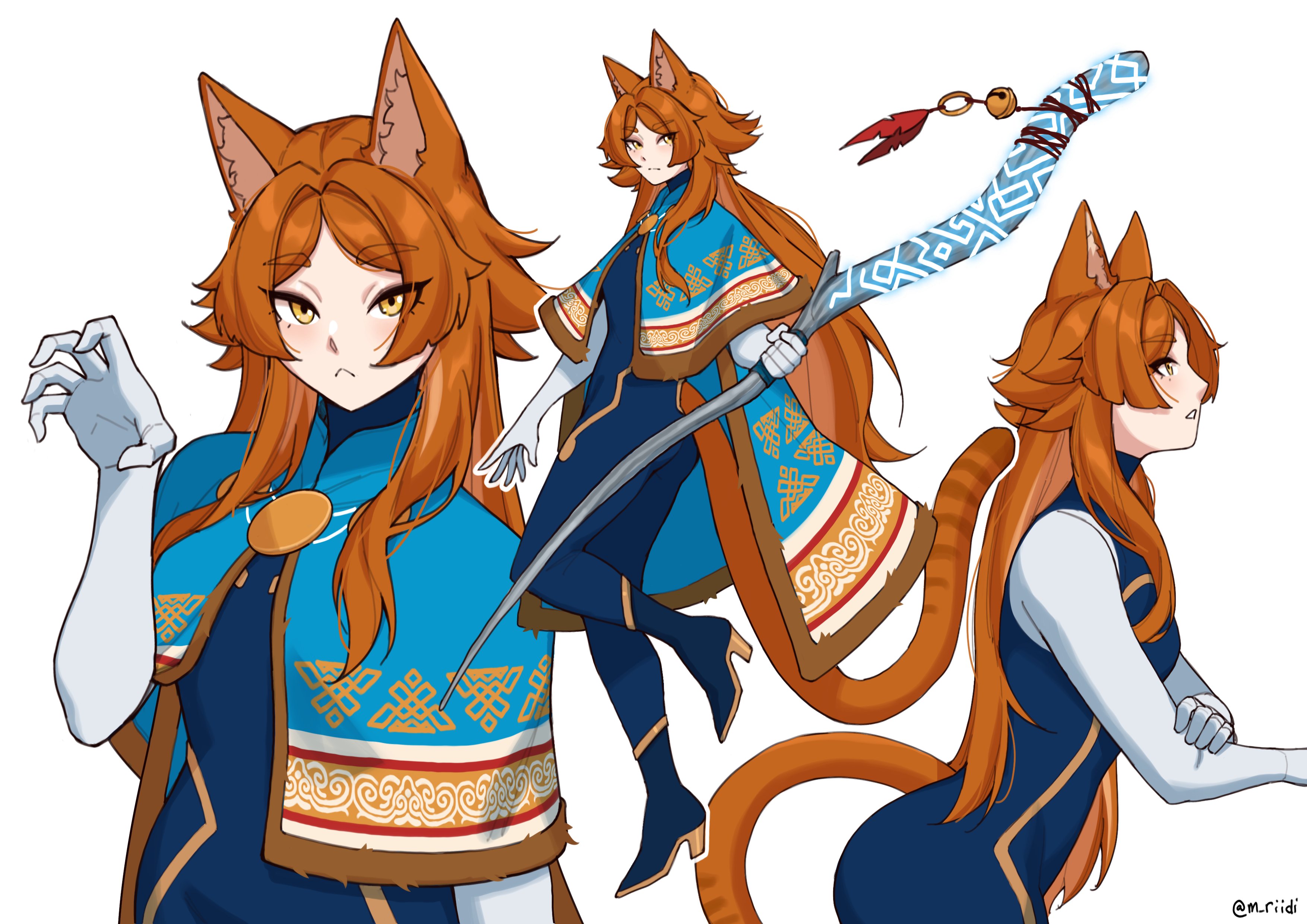 mawaridi, original, absurdres, commentary, english commentary, highres, 1girl, :<, animal ear fluff, animal ears, blue bodysuit, blue cape, blue capelet, bodysuit, cape, capelet, cat ears, cat girl, cat tail, closed mouth, elbow gloves, gloves, grey background, holding, holding staff, long hair, looking at viewer, orange hair, paw pose, profile, simple background, staff, standing, standing on one leg, tail, twitter username, very long hair, white gloves, yellow eyes