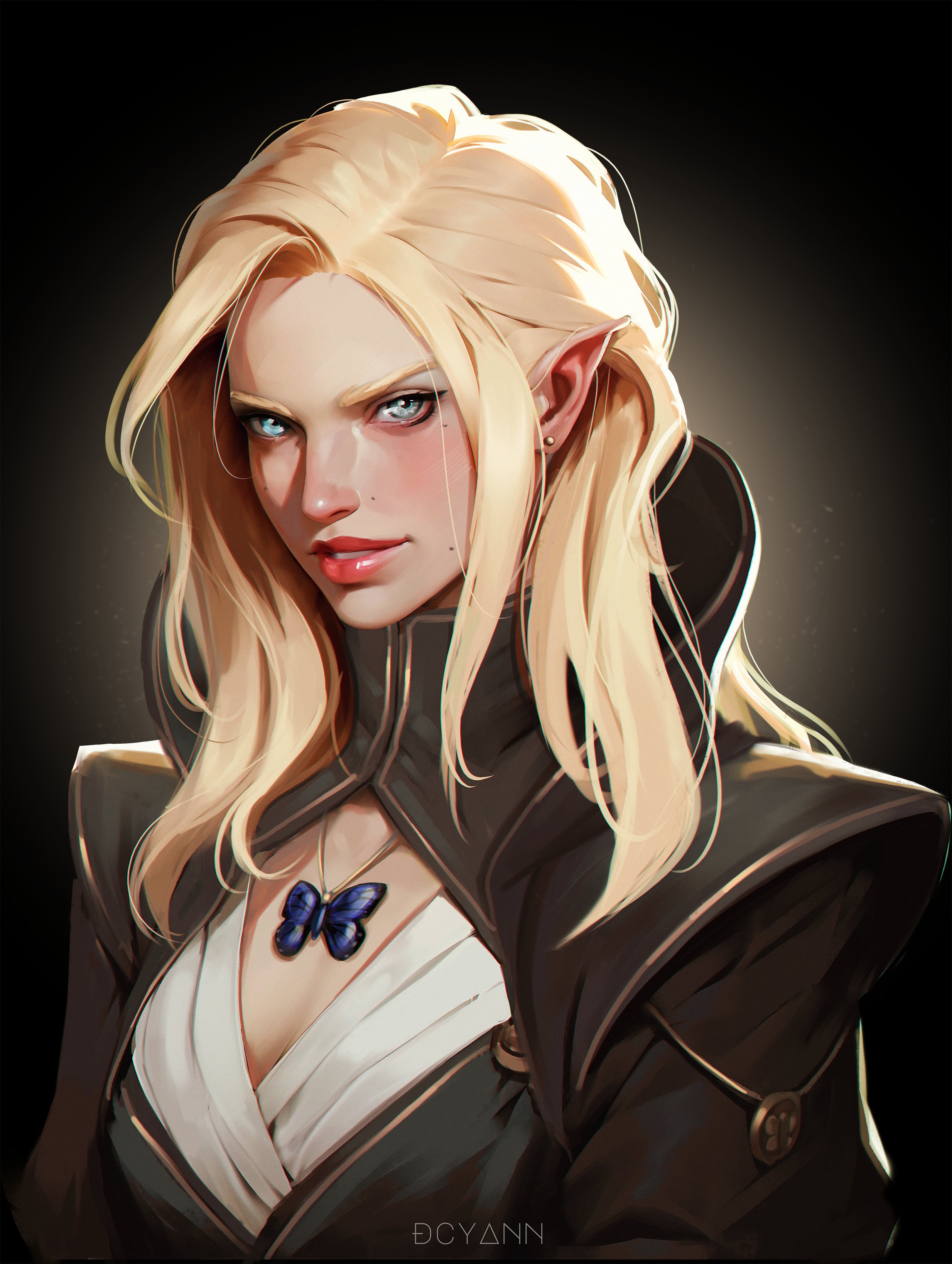 dcyann, original, absurdres, highres, 1girl, artist name, black shrug, blonde hair, blue eyes, jewelry, long hair, looking at viewer, necklace, pointy ears, shrug (clothing), solo, upper body